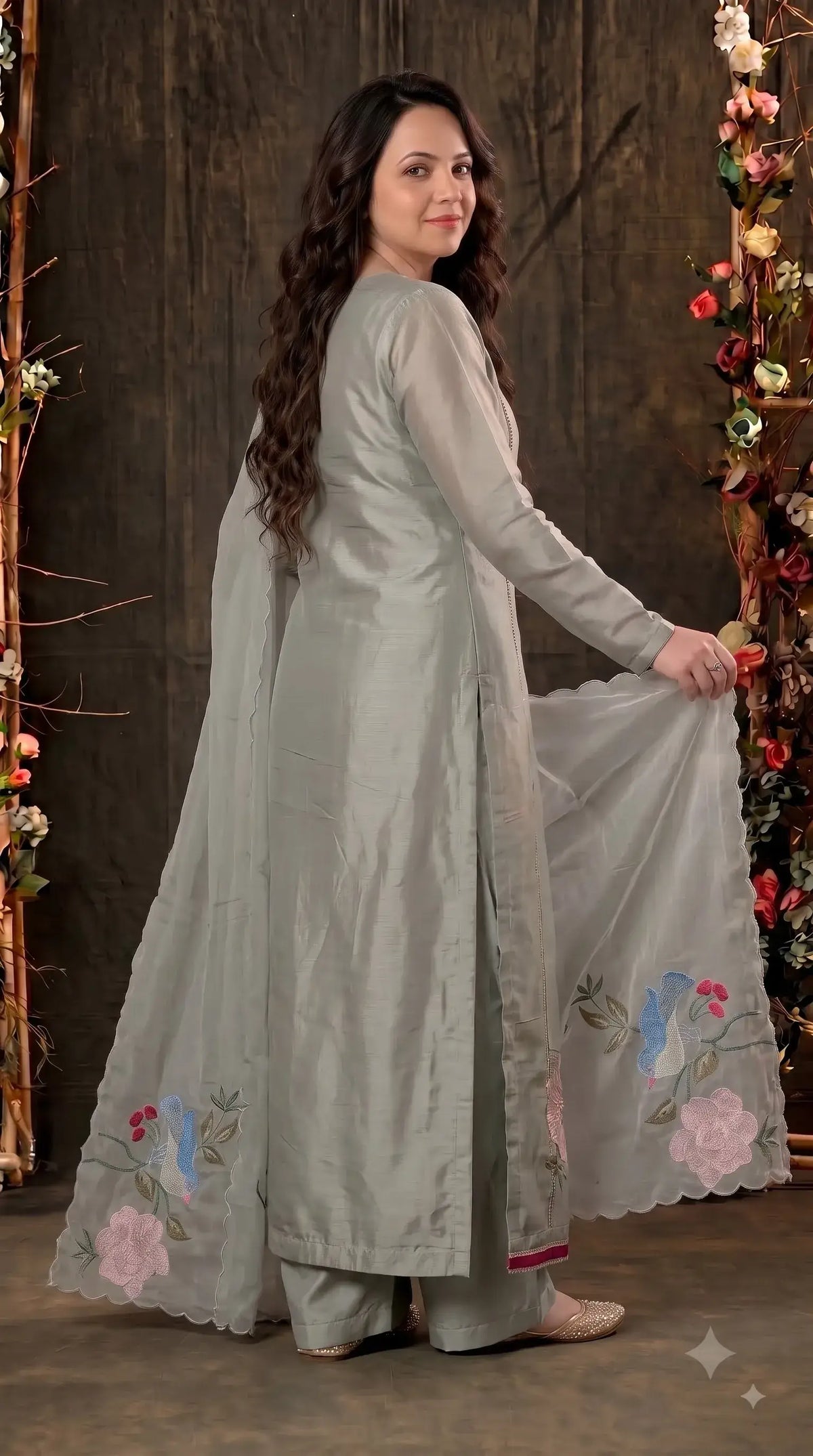 Premium Sage Green Tissue Pakistani Designer Suit with Floral & Bird Embroidery
