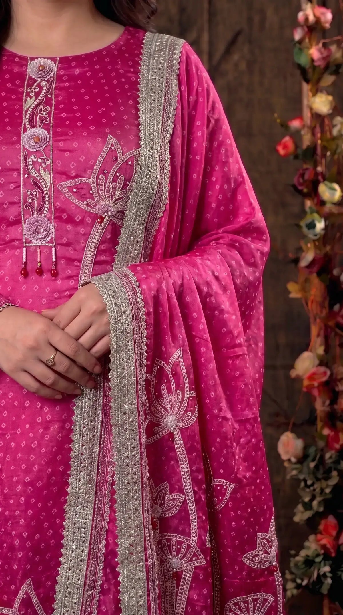 Premium Silk Designer Rani Pink Hand-Embroidered Suit