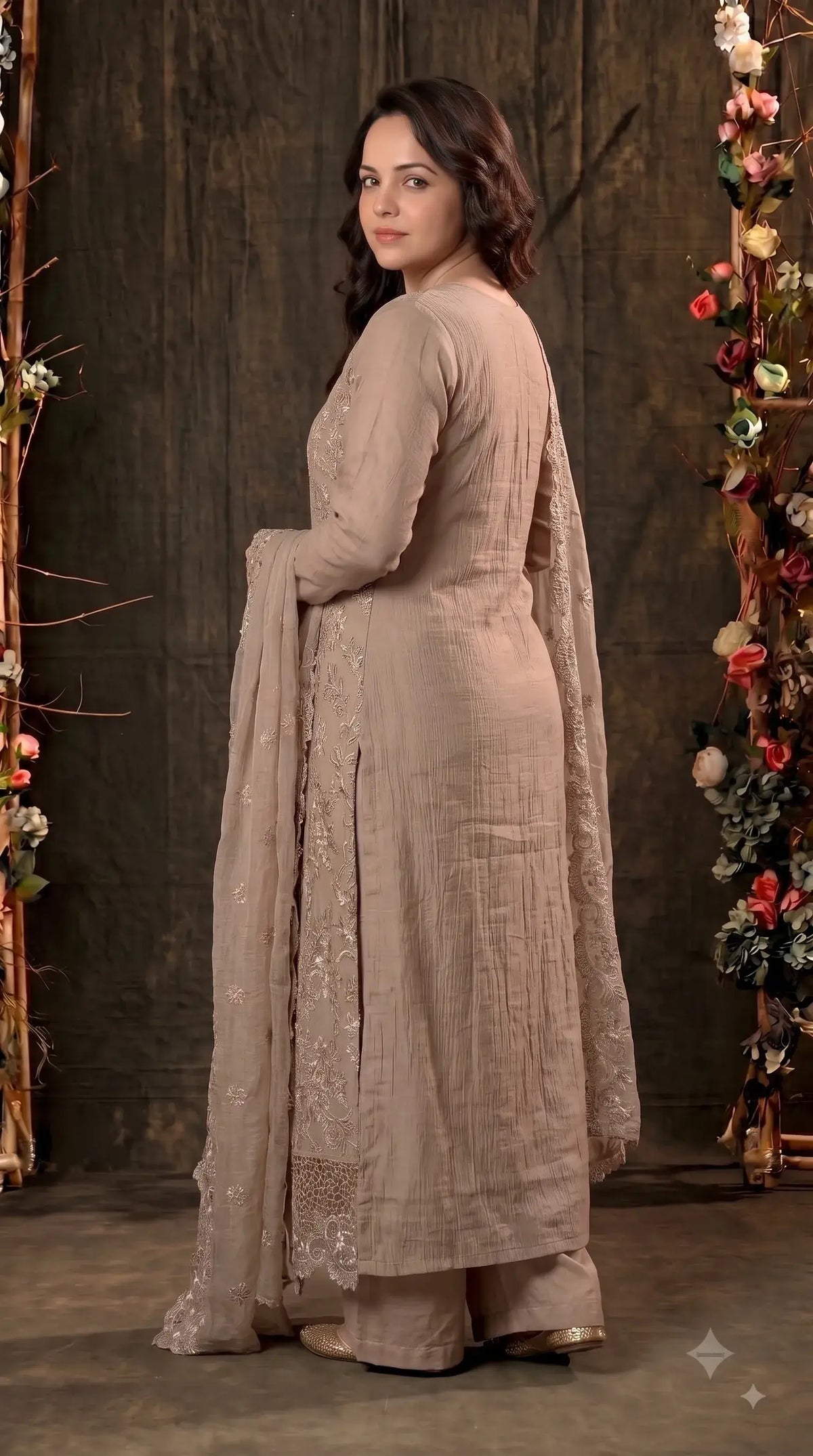 Premium Designer Taupe Beige Marble Chiffon Suit with Cutwork Embroidery & Swarovski Work