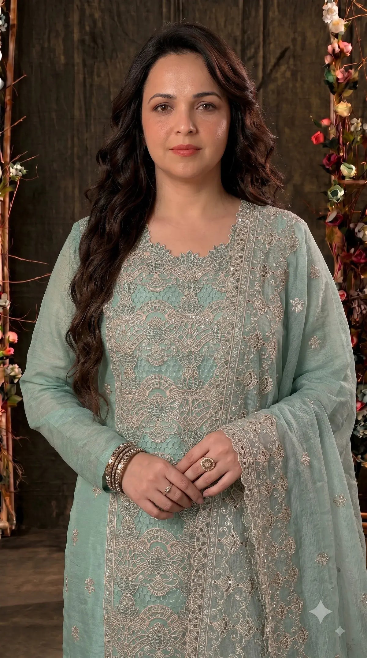 Premium Seafoam Mint Soft Crush Tissue Designer Suit with Intricate Cutwork Embroidery & Sequin Work