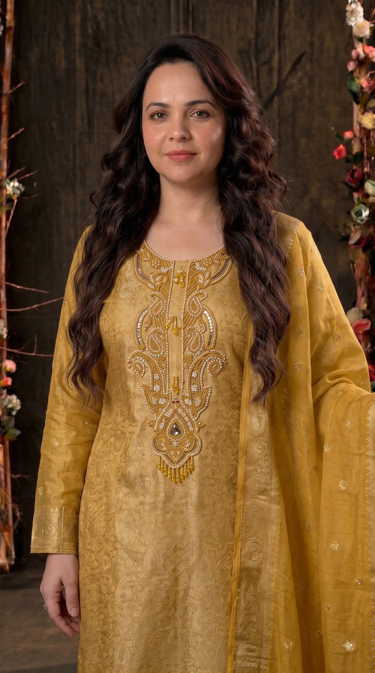 Pakistani Designer Yellow Shade Soft Tissue Suit with Bead & Paisley