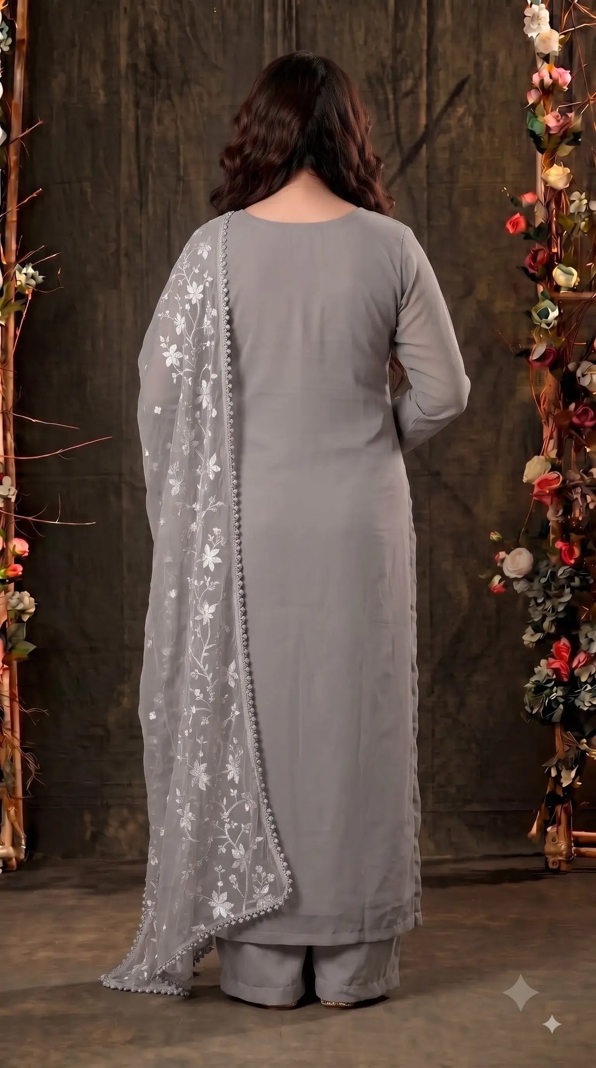 Pakistani Designer Soft Grey Soft Chiffon Suit with Elegant Applique Floral Work & Graceful Dupatta