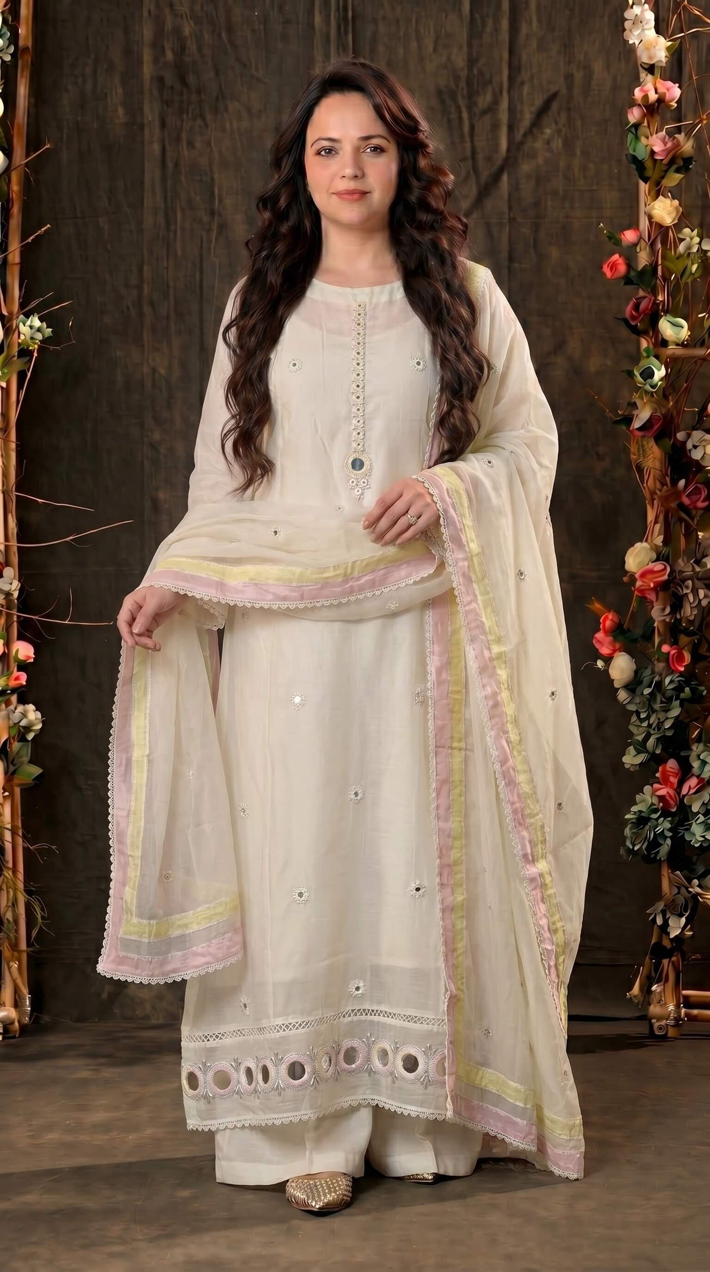 Designer Pakistani Suit with Mirror Embroidery & Soft Cotton Dupatta