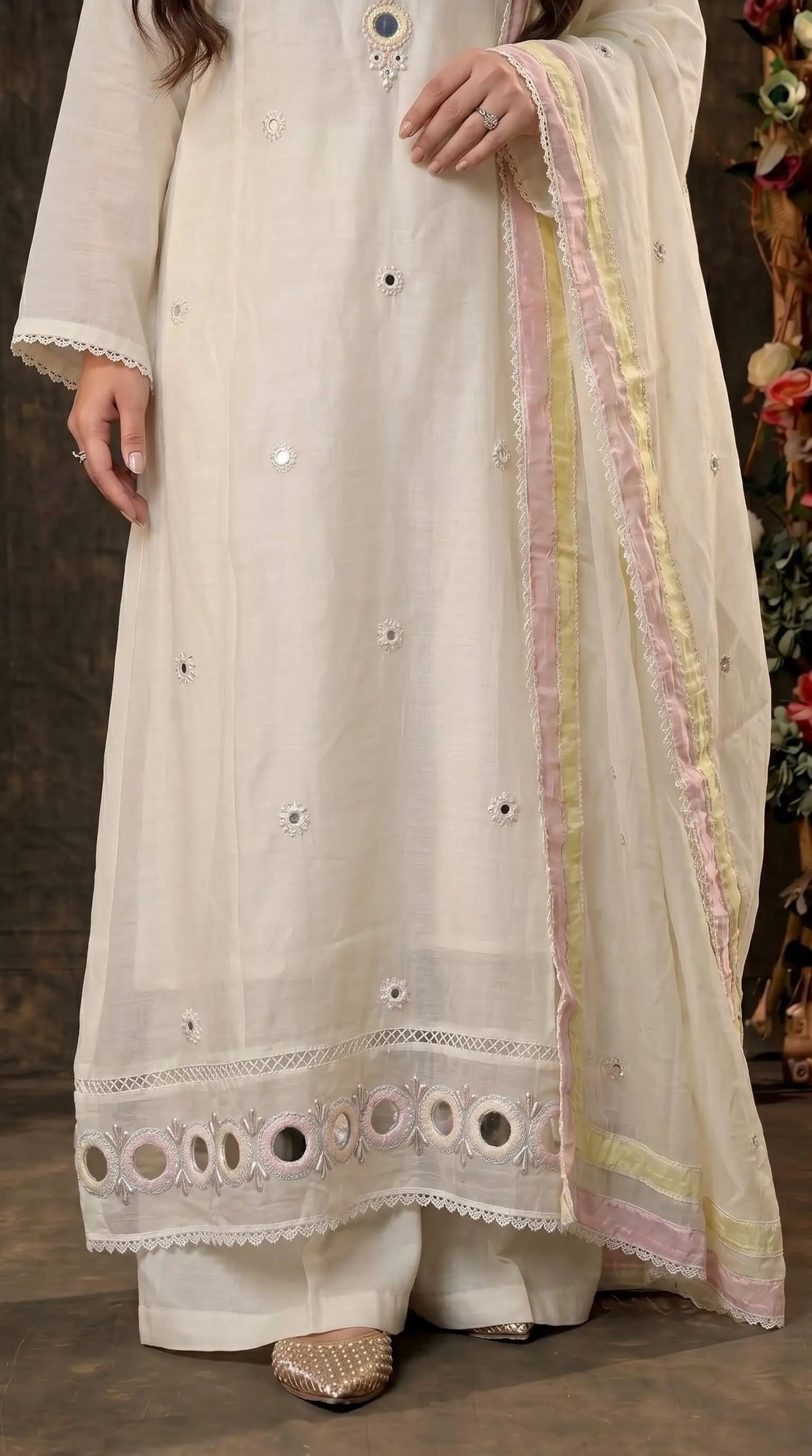 Designer Pakistani Suit with Mirror Embroidery & Soft Cotton Dupatta