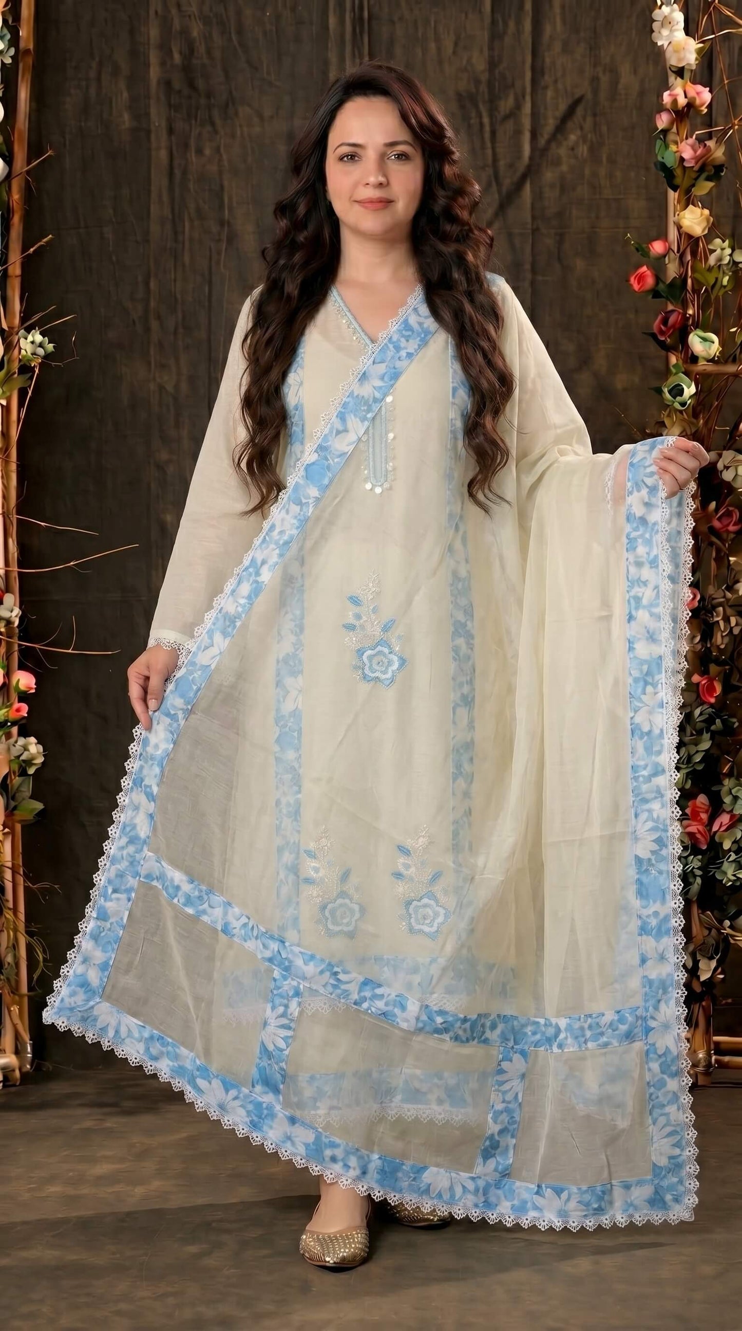 Soft Mull Cotton Pakistani Suit with Blue Floral Borders & Lace Detailing