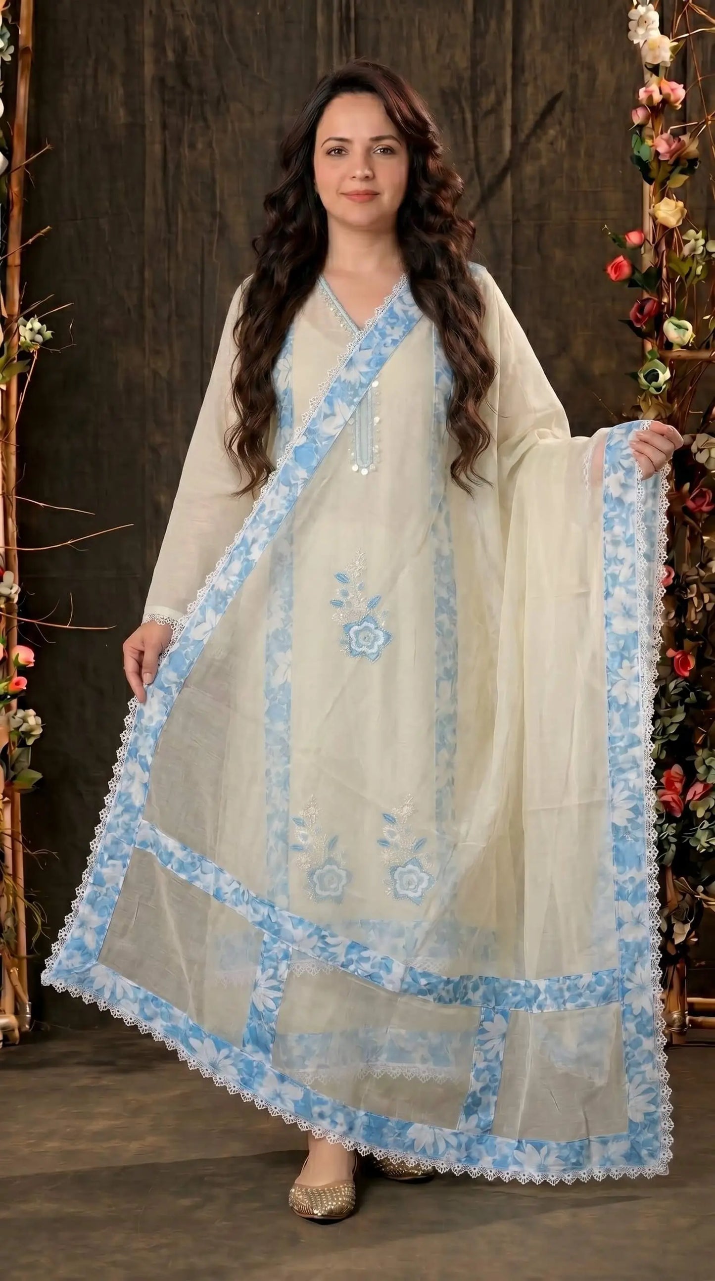 Soft Mull Cotton Pakistani Suit with Blue Floral Borders & Lace Detailing
