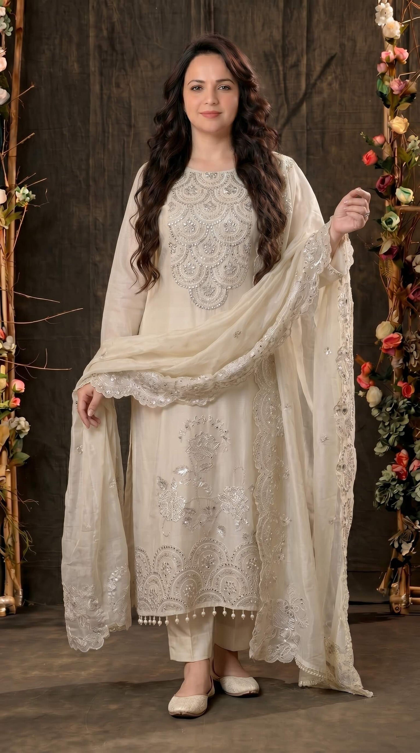 Luxury Pakistani Tissue Suit with Heavy Mirror Embroidery & Pearl Work