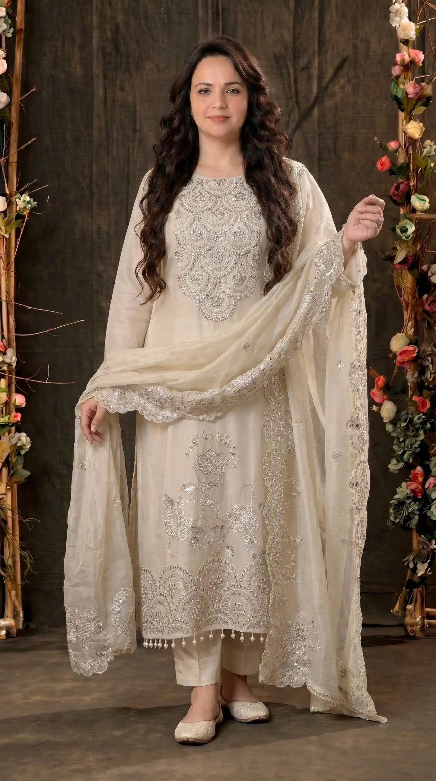Luxury Pakistani Tissue Suit with Heavy Mirror Embroidery & Pearl Work