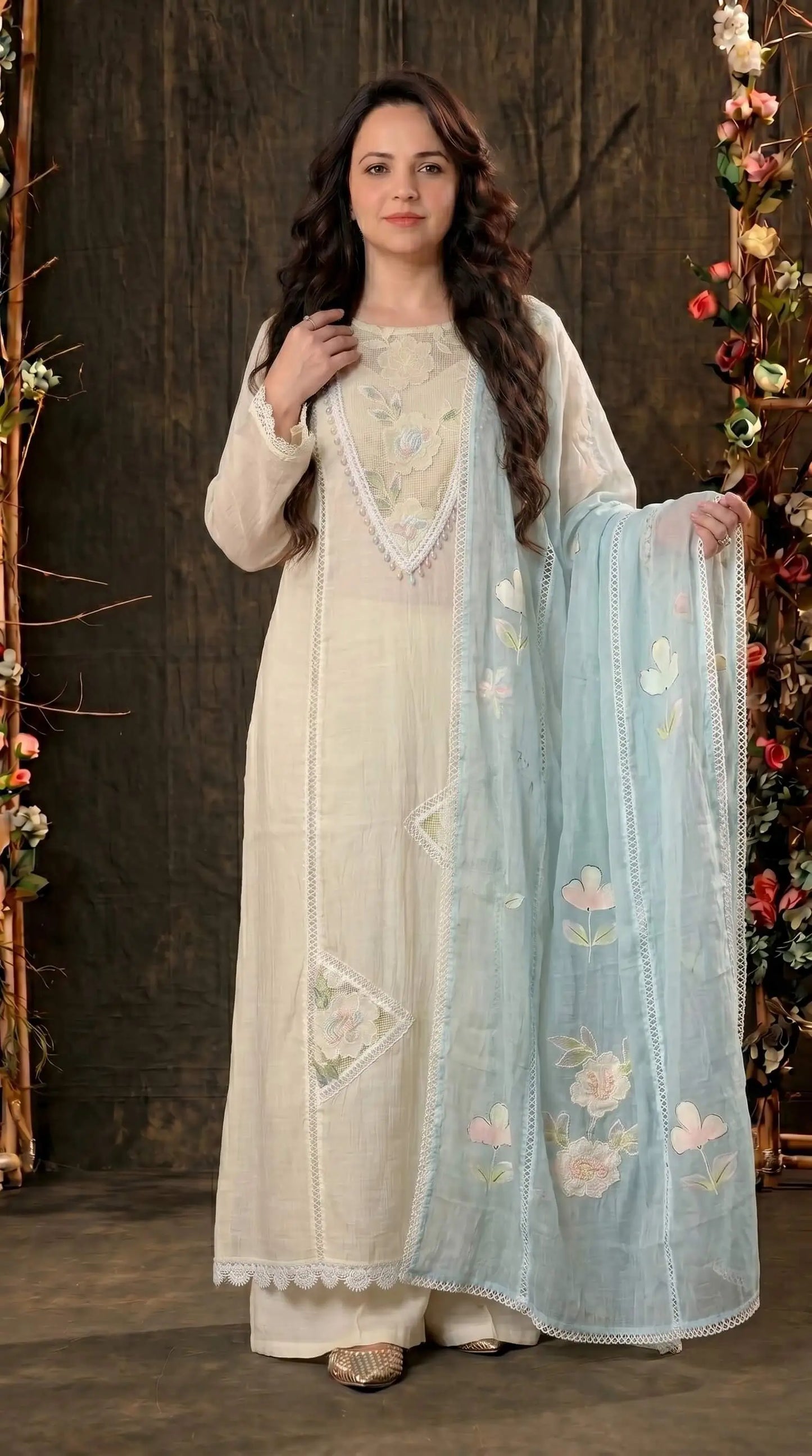 Floral Ethnic Suit with Embroidered Mull Cotton Blue Dupatta