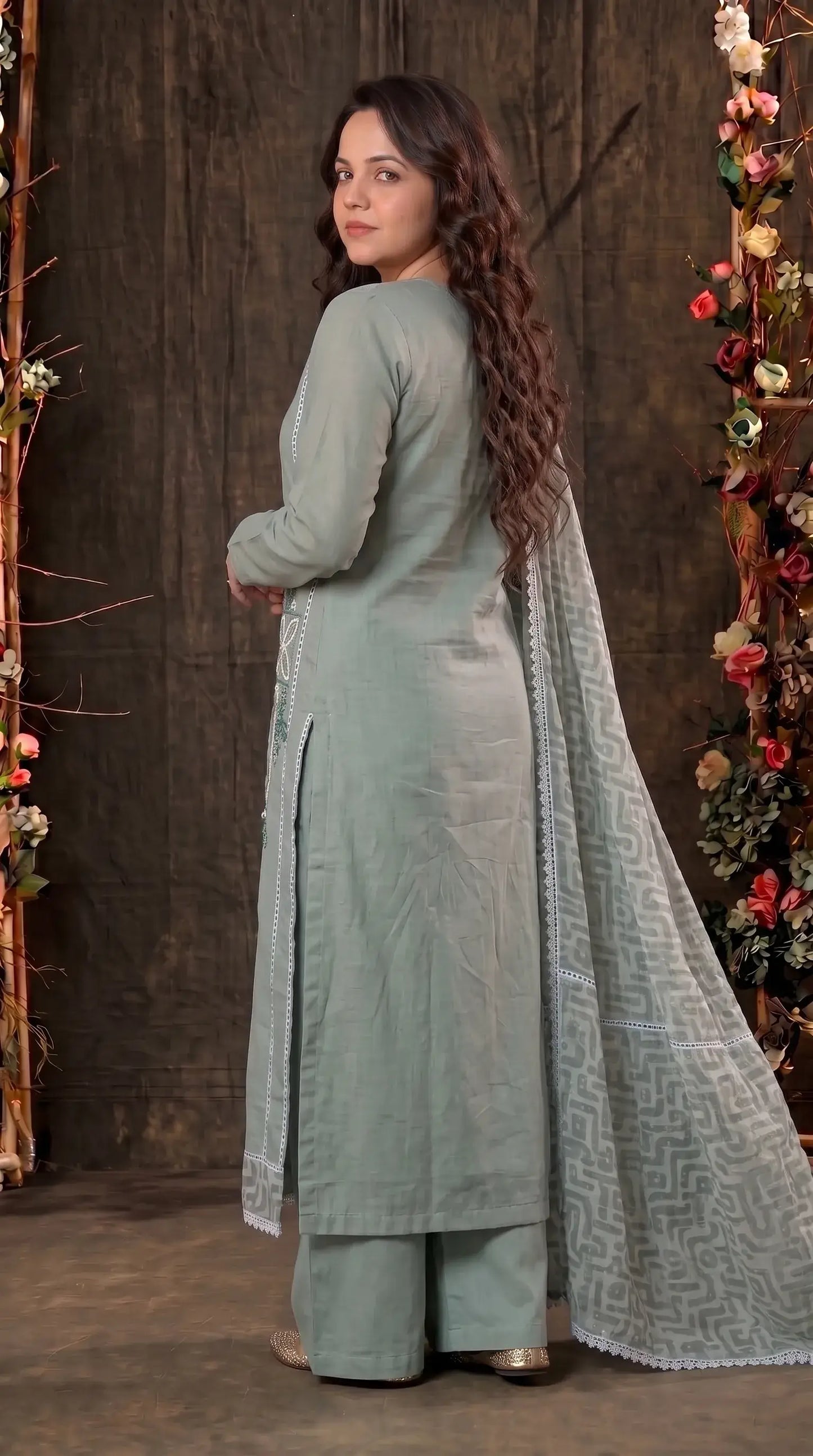 Sage Green Cotton Suit with Embroidered Panel & Printed Dupatta