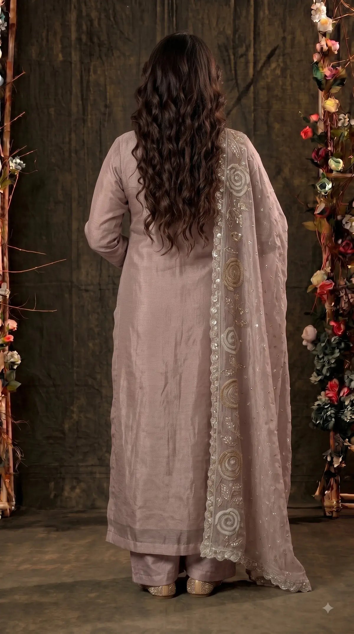 Premium Dusty Mauve Taupe Soft Tissue Designer Suit with Pearl Work