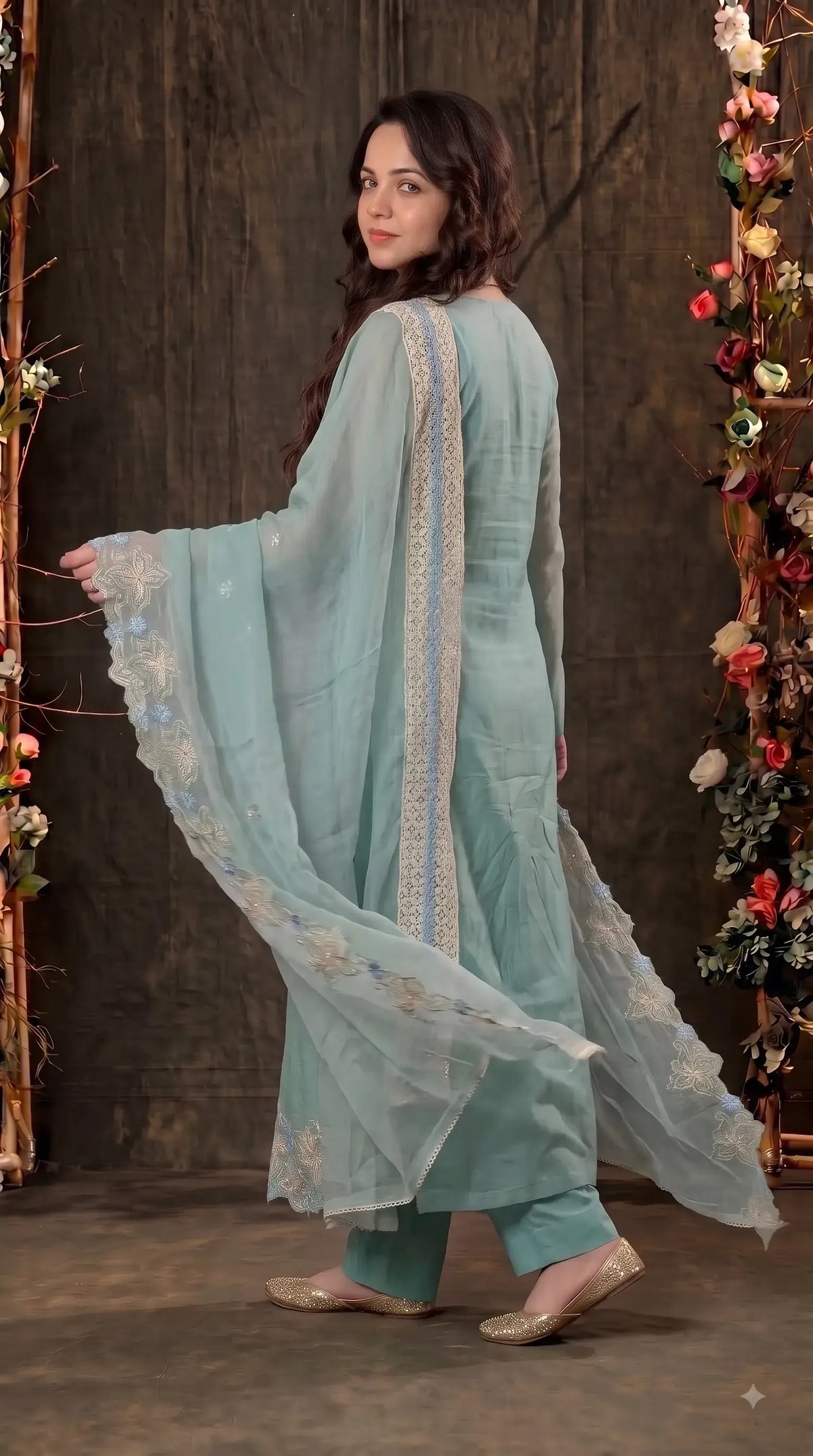 Pakistani Designer Soft Sage Green Pure Cotton Suit with Floral Embroidery, Lace & Pearl Detailing