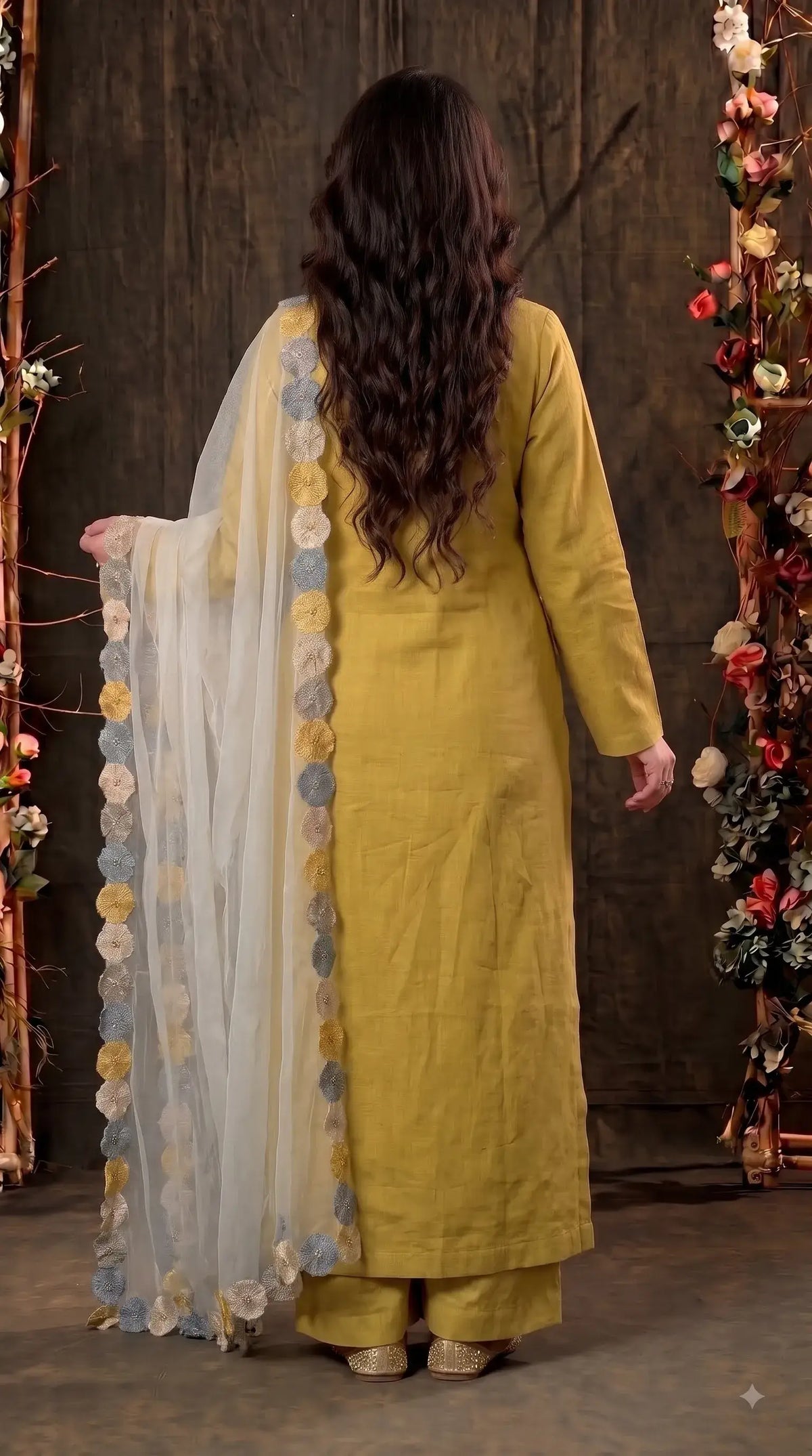 Pakistani Designer Mustard Yellow Pure Handloom Cotton Suit with 3D Floral Handwork, Thread & Pearl Detailing
