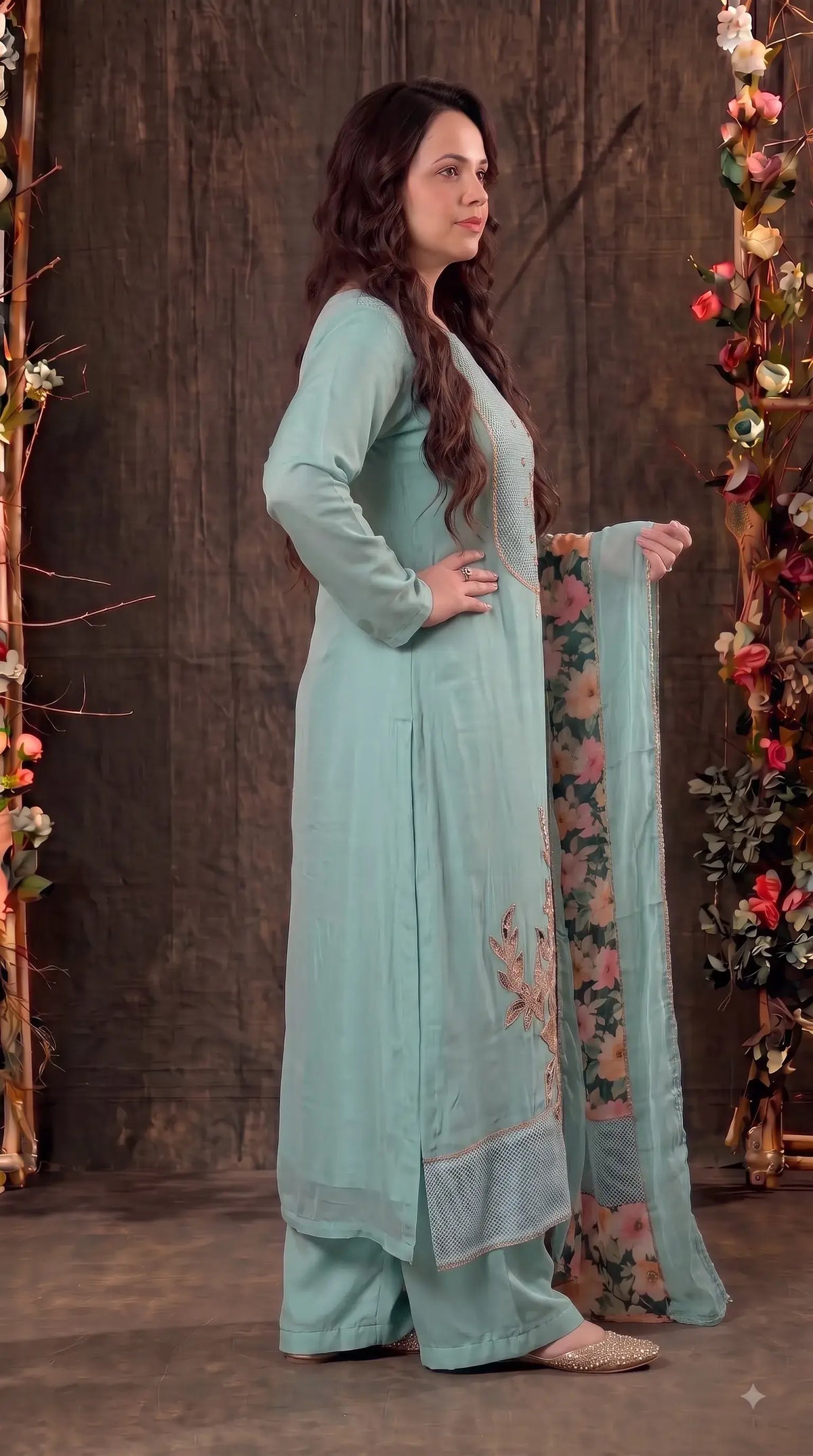 Premium Tissue Designer Aqua Blue Floral Suit