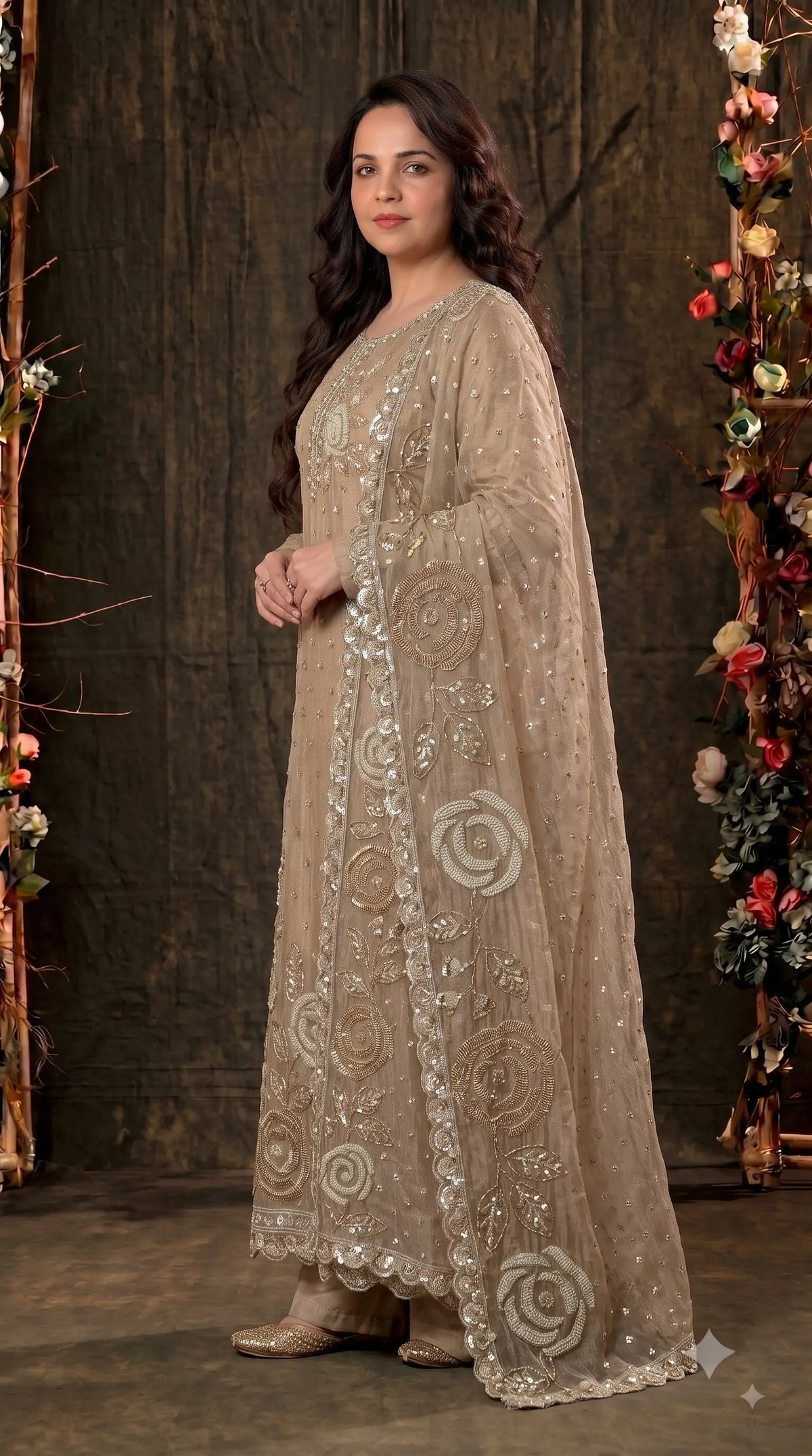 Premium Beige Soft Tissue Designer Suit with Pearl Work