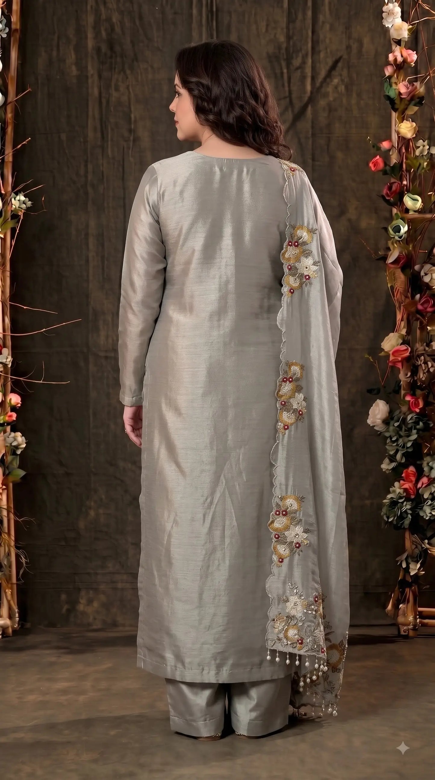 Premium Designer Silver Grey Giraffe Fabric Suit with Pearl, Sequin & Floral Embroidery Work