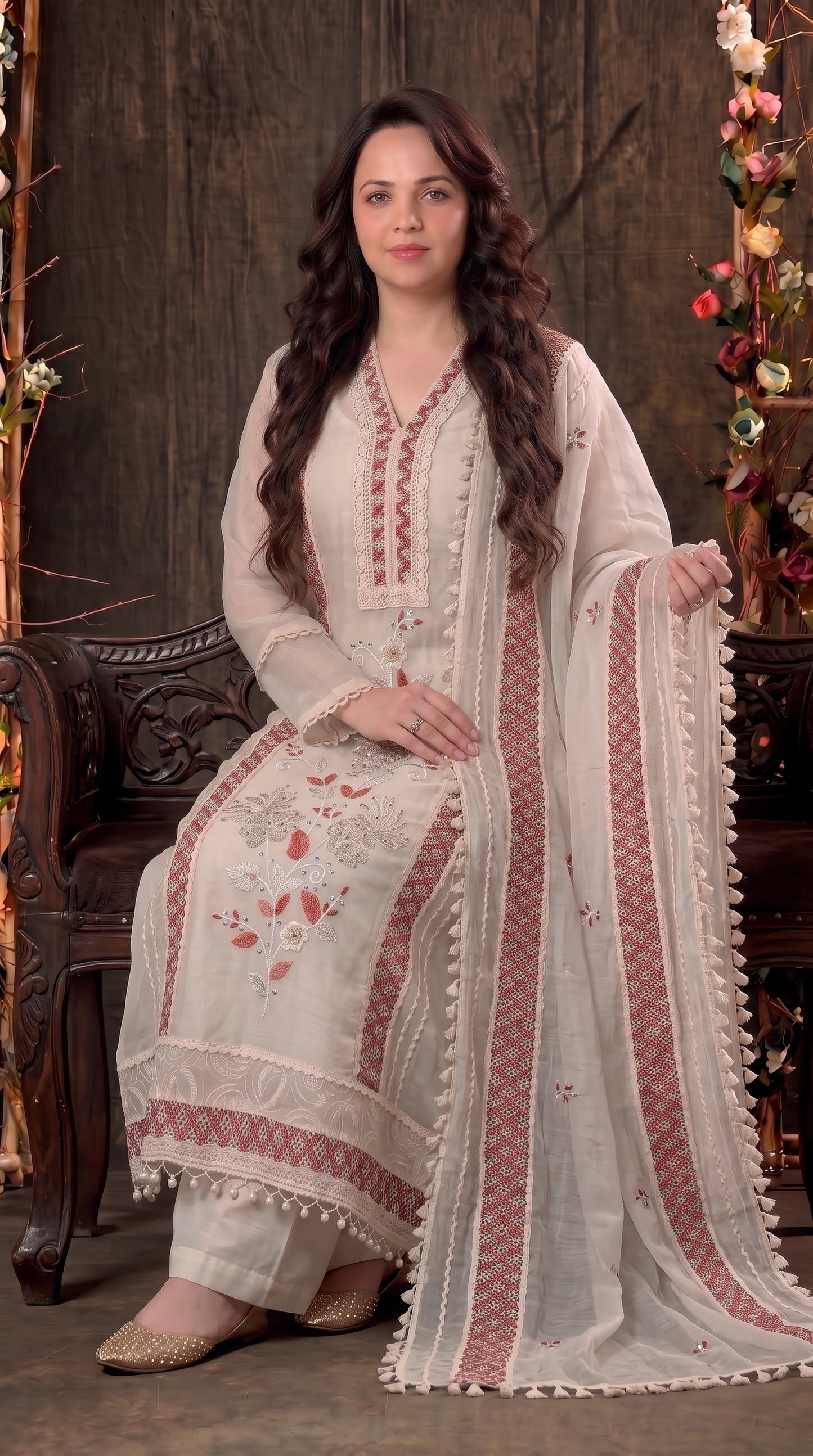 Soft Floral Pakistani Mull Cotton Suit with Dusty Rose Embroidery