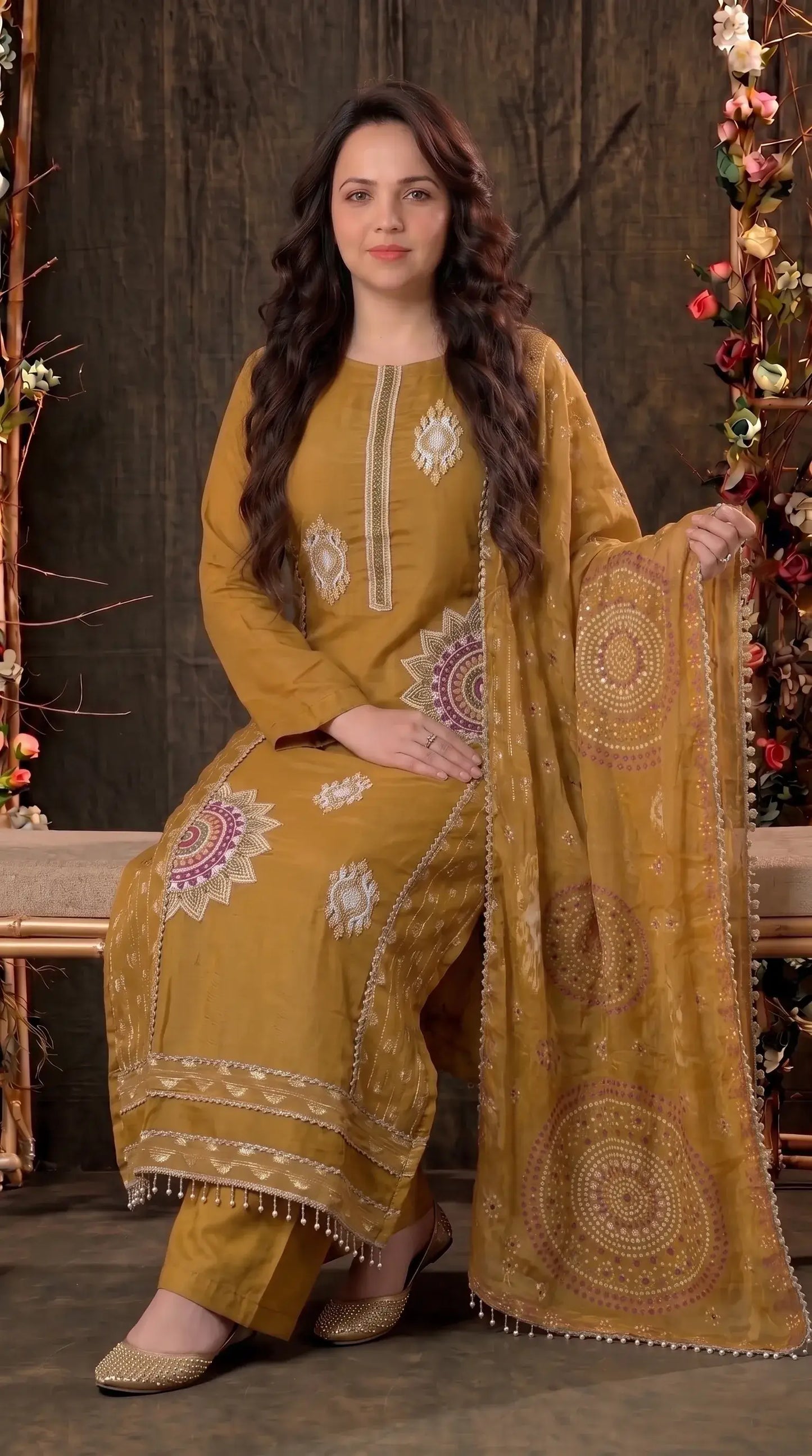 Mustard Soft Tissue Embroidered Designer Suit
