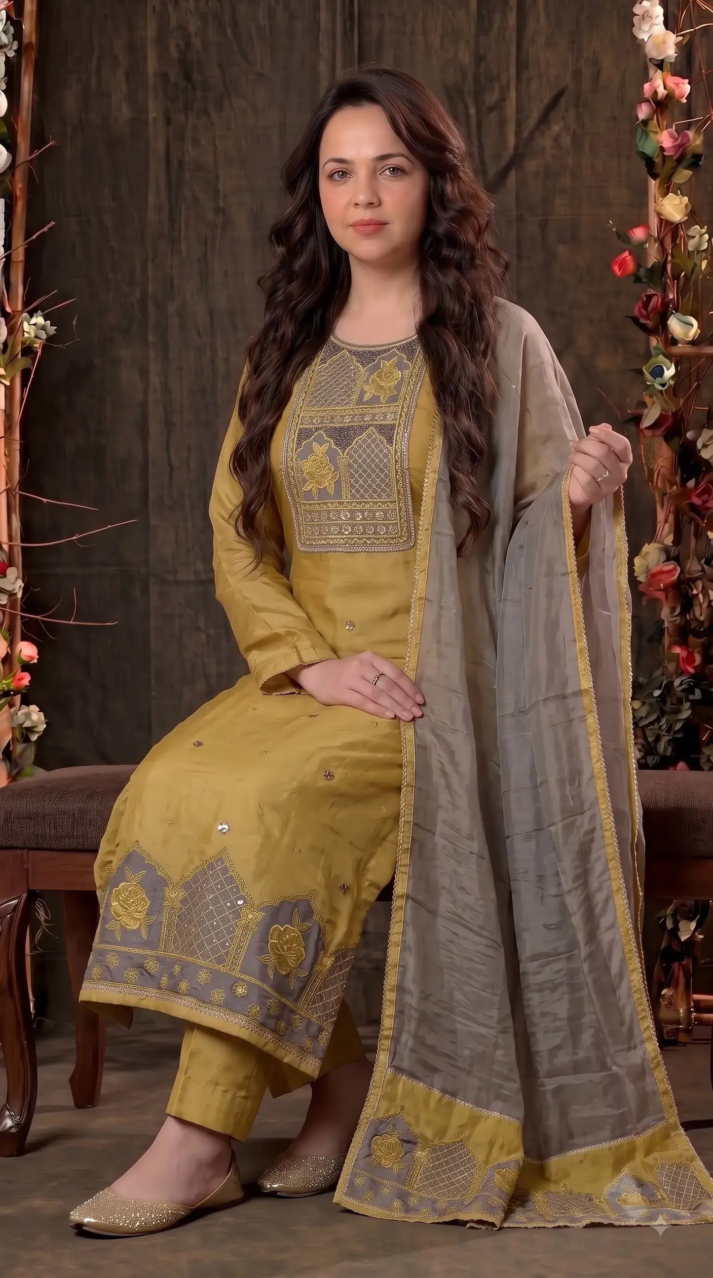 Premium Designer Mustard Gold Pakistani Suit with Grey Embroidered Dupatta