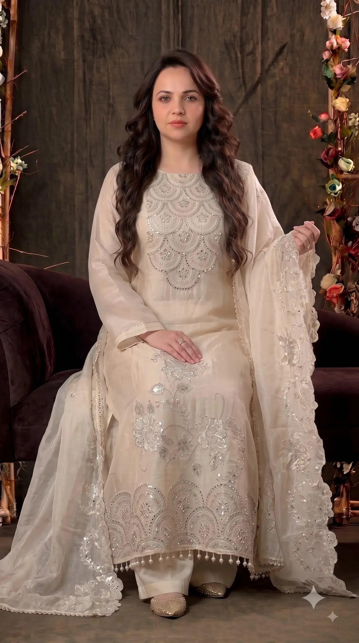 Premium Designer Ivory Soft Tissue Pakistani Suit with Mirror, Pearl & Floral Work