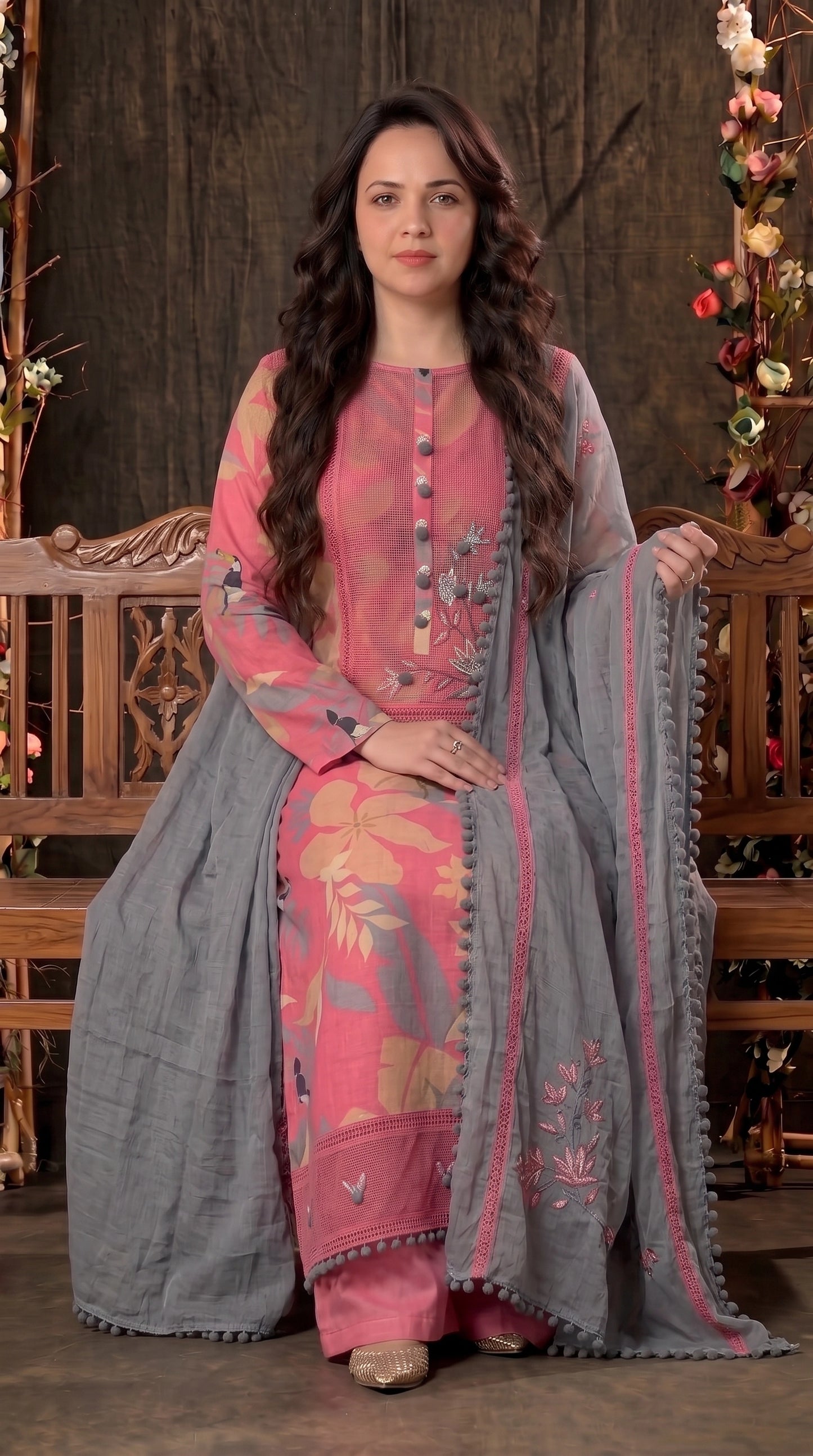 Pink Designer Ethnic Suit with Floral Print & Lace Work