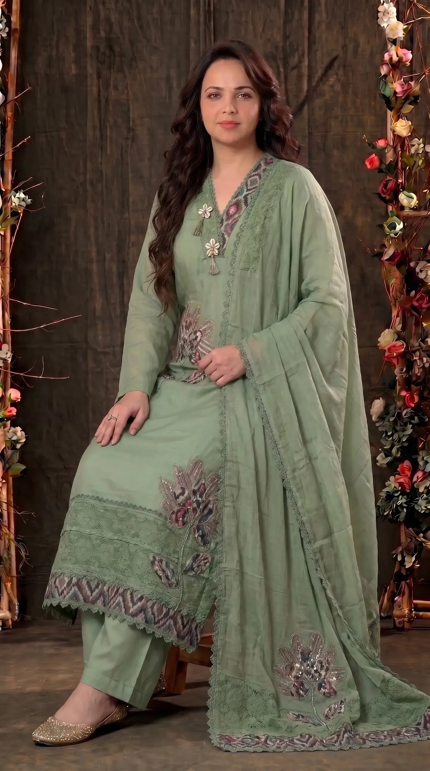 Green designer Suit with Floral Appliqué & Lace Detailing