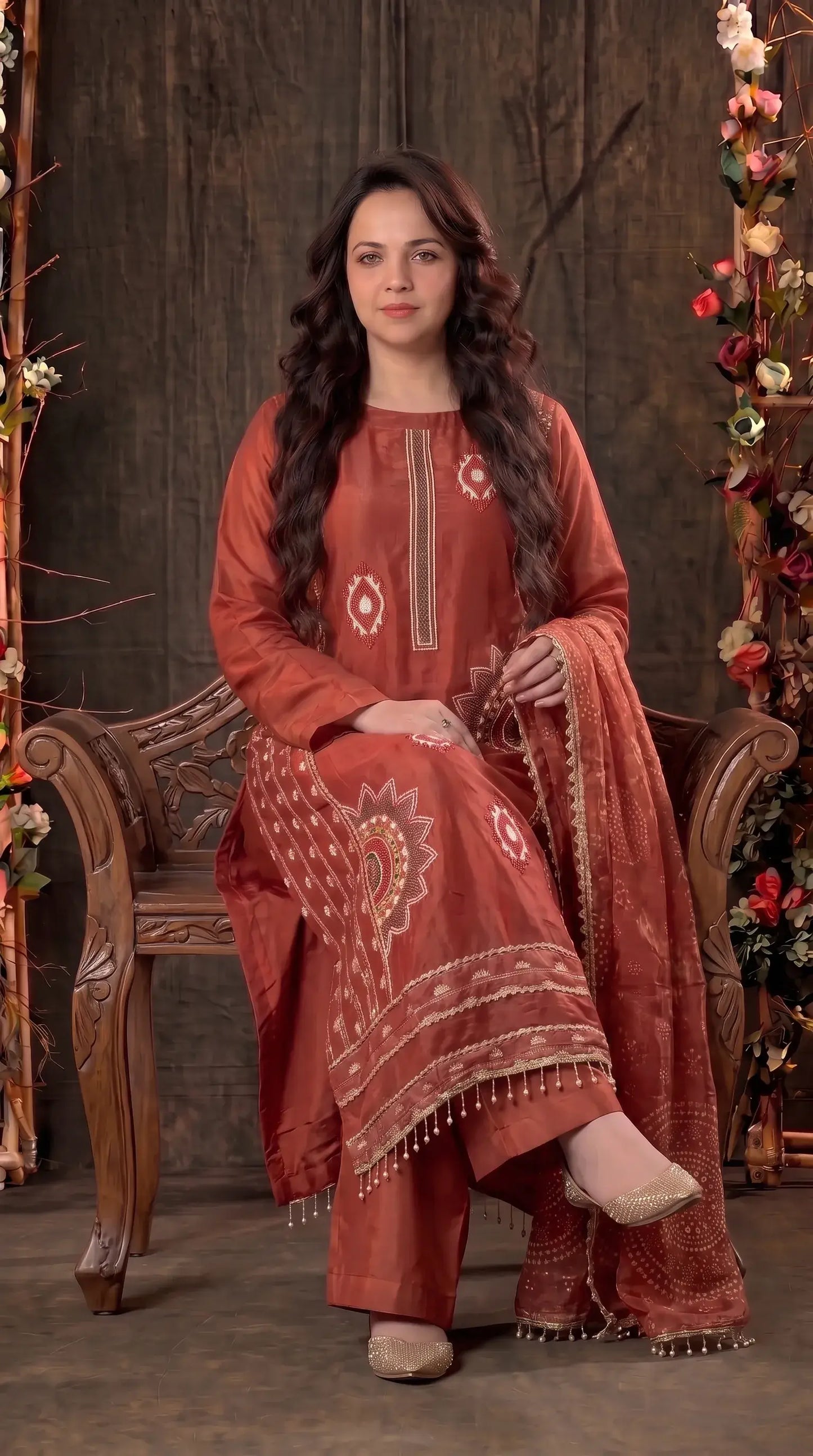 Premium Designer Rust Tissue Suit with Hand-Beaded Embroidery