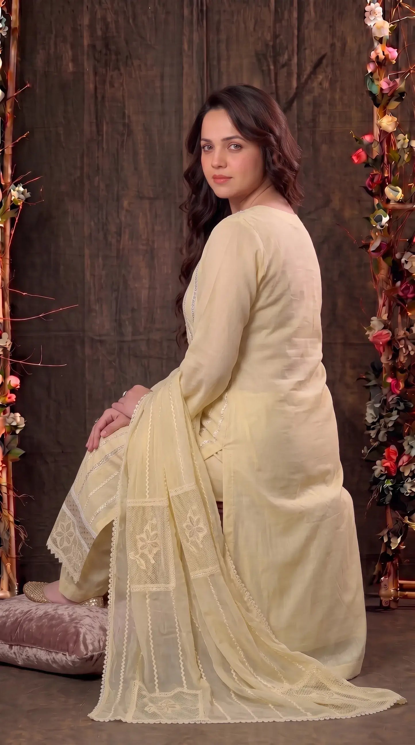 Premium Designer Butter Yellow Mal Chanderi Pearl-Work Suit