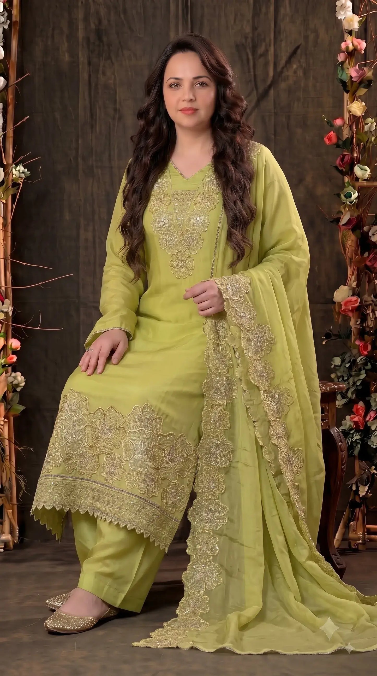 Premium Designer Lime Silk Pakistani Suit with Golden Floral Embroidery