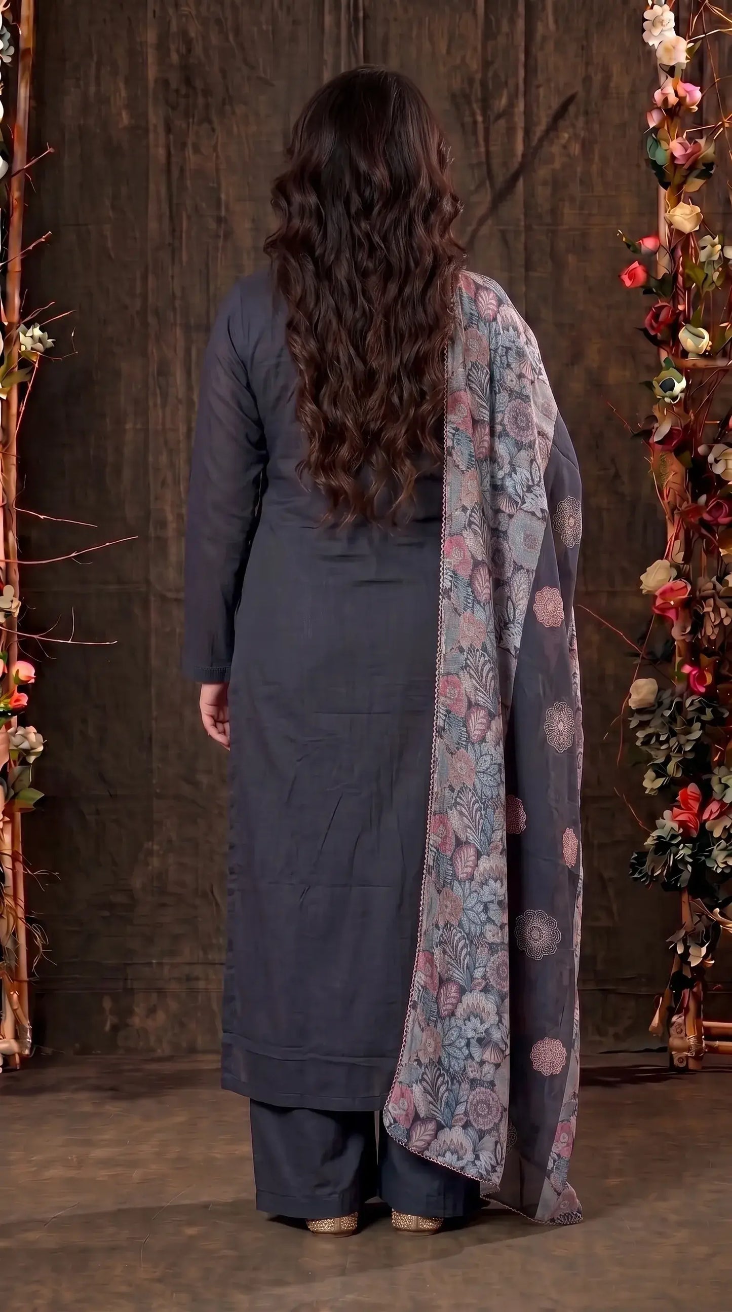 Navy Blue Mul Cotton Suit with Floral Embroidery & Printed Dupatta