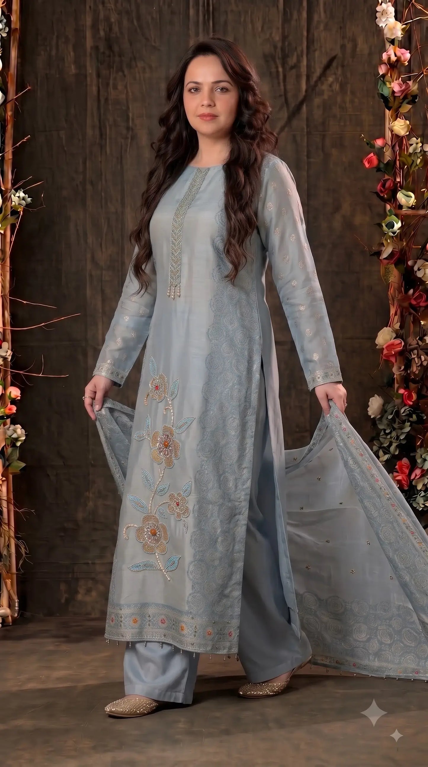 Premium Designer Sky Blue Banarsi Suit with Floral Bead & Sequin Work