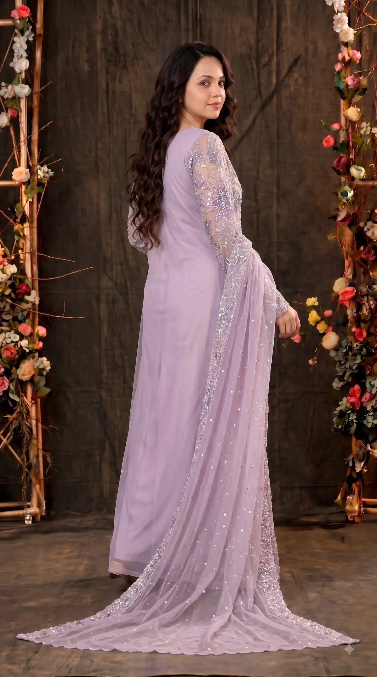 Premium Lavender Organza Pakistani Designer Suit with Cutdana, Pearl, Sequin & Ribbon Handwork