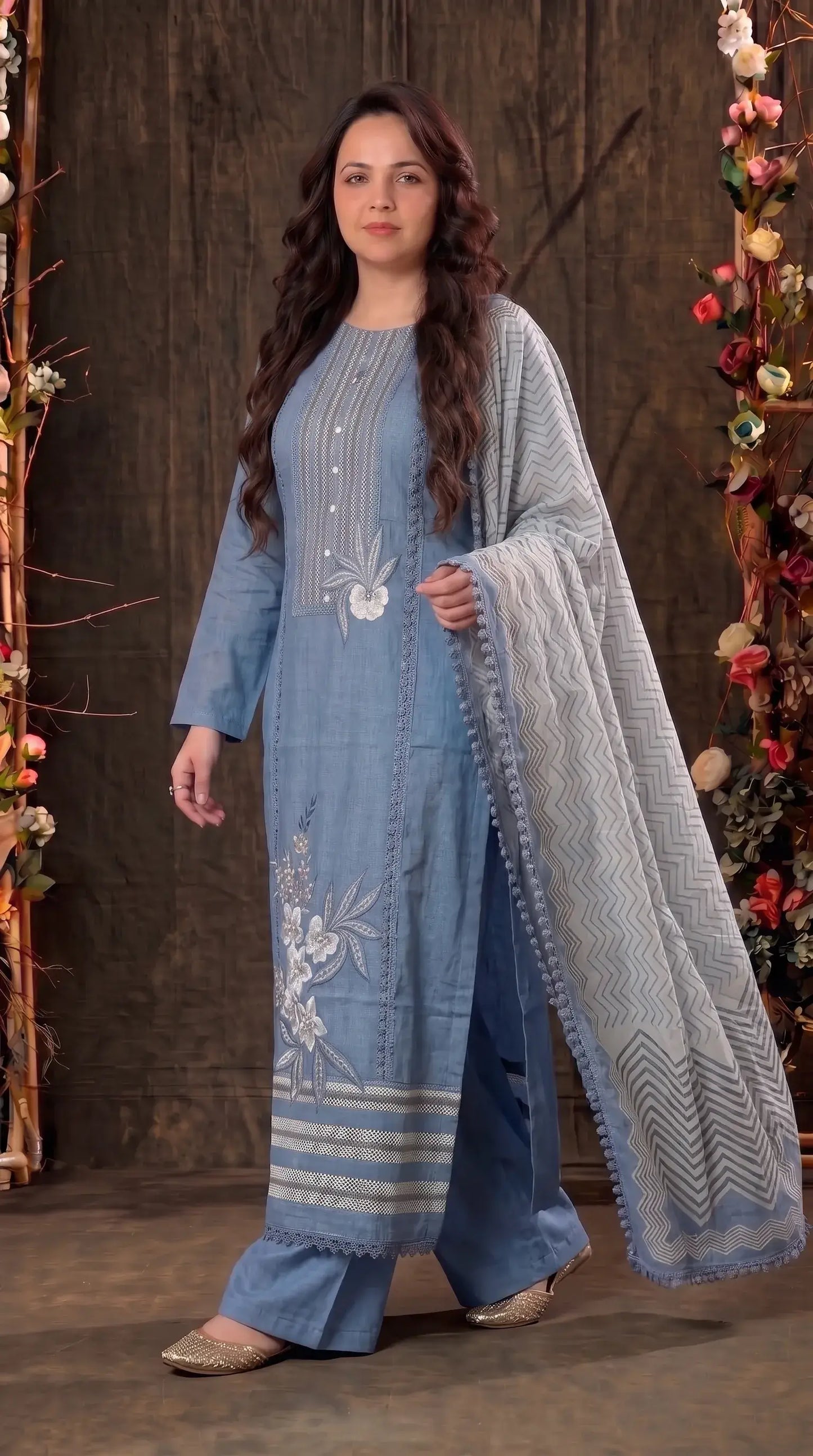 Premium Mul Designer Powder Blue Soft-Fabric Suit