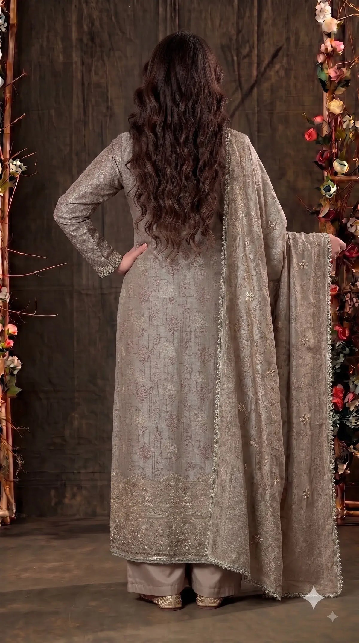 Pakistani Designer Ivory Shade Banarsi Suit with Mirror & Pearl Work