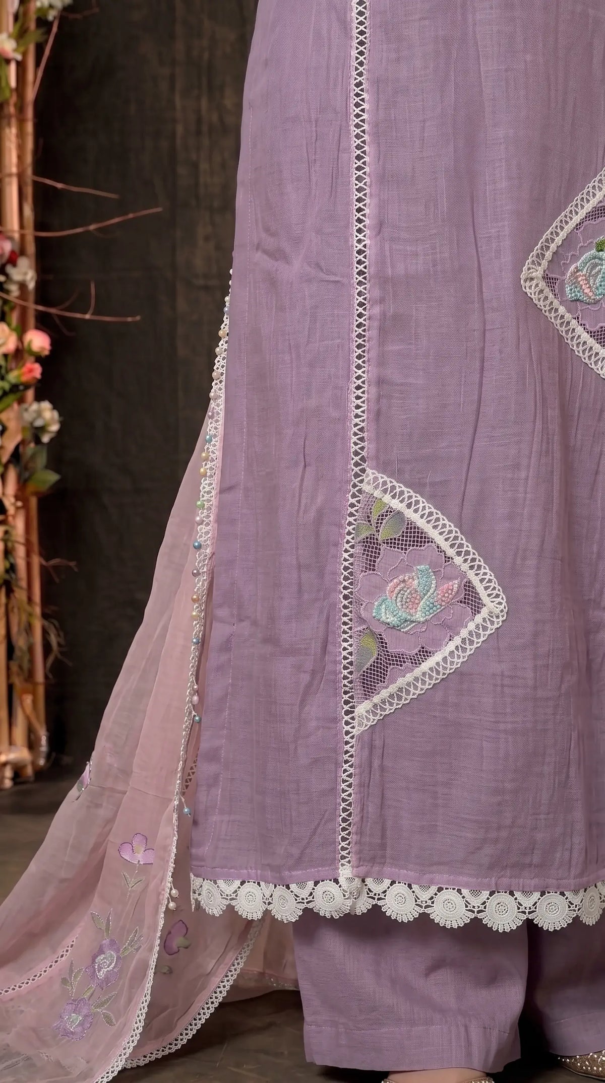 Lilac Bloom Premium Mul Designer Suit with Boutique-Style Finish