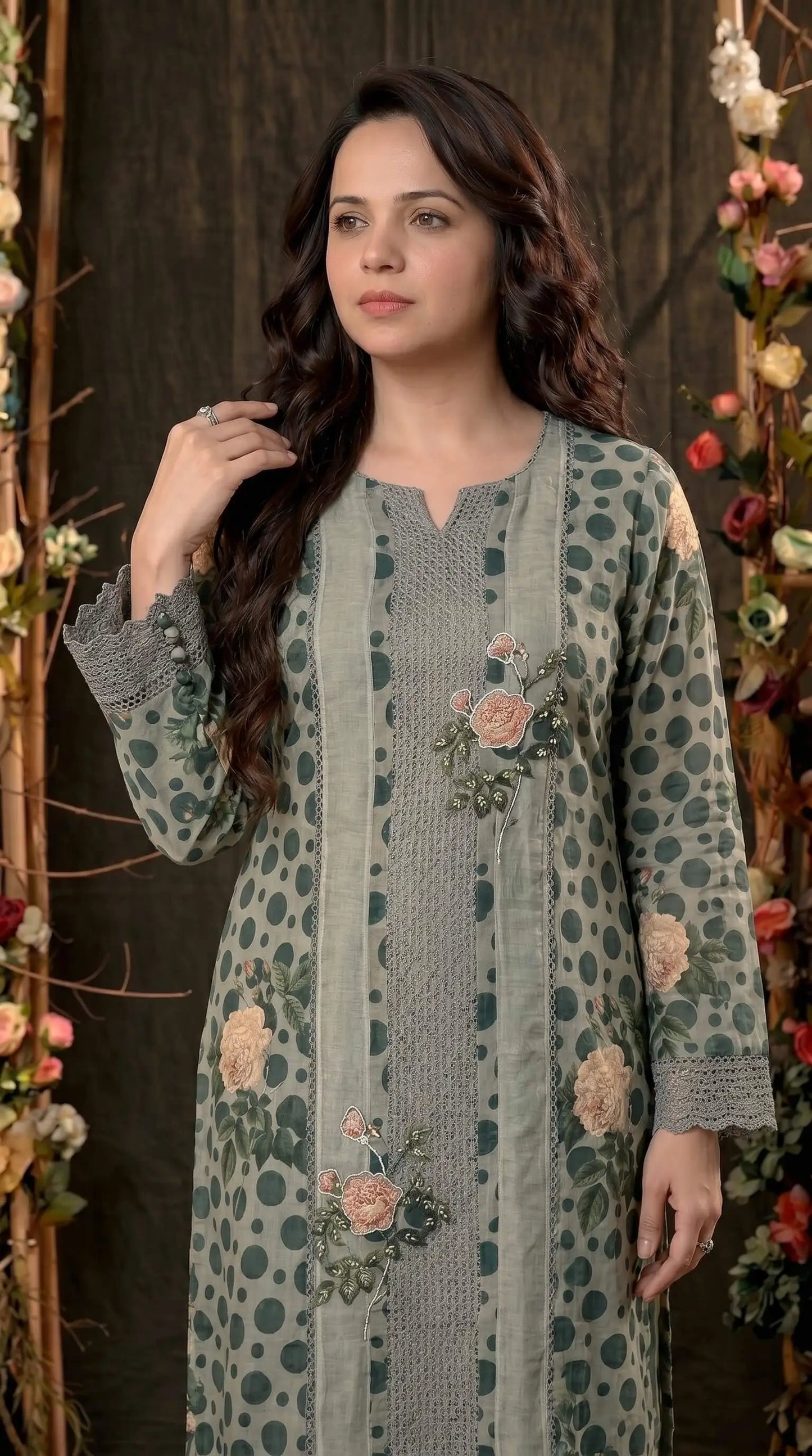 Premium Linen Cotton Pakistani Suit with Lace Work & Printed Dupatta