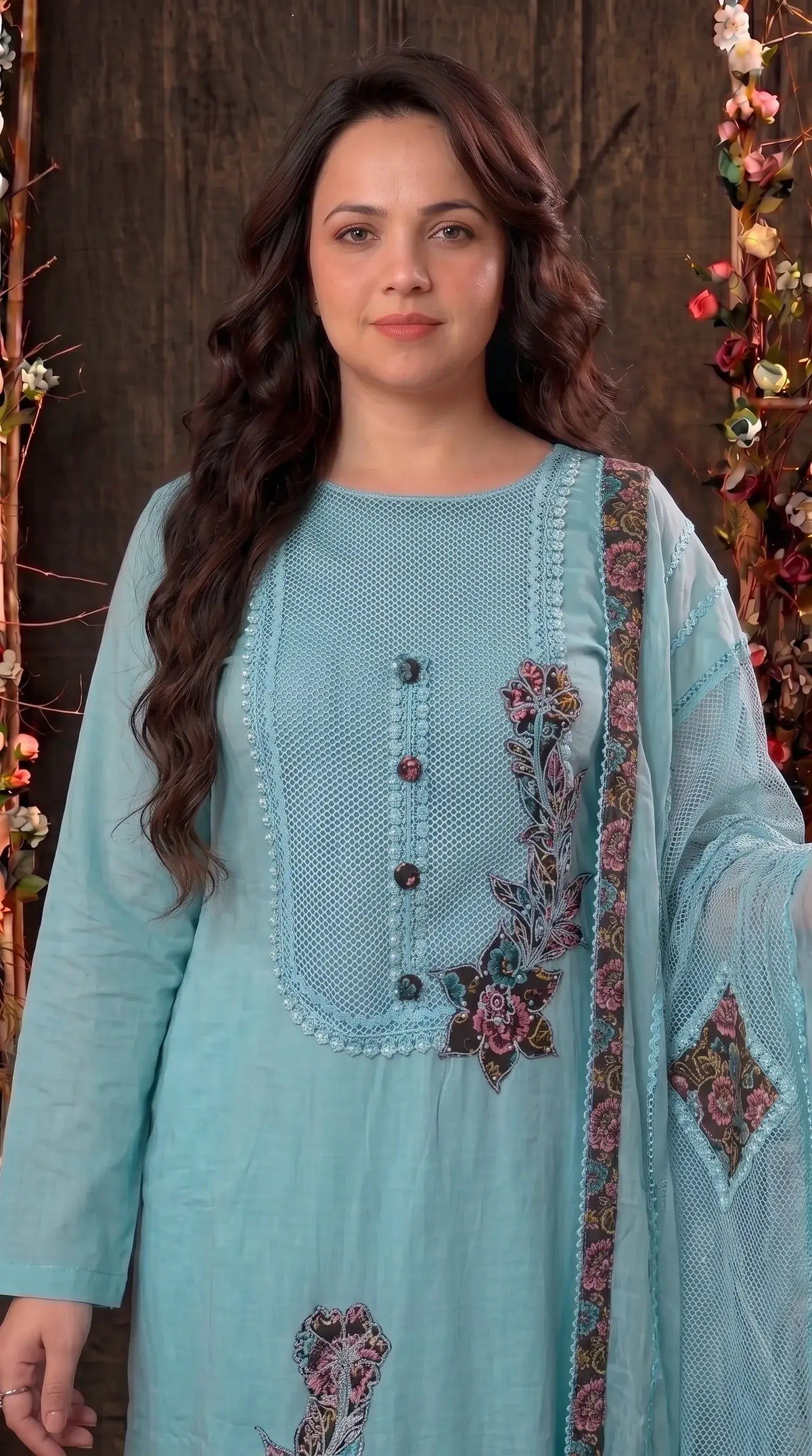 Premium Mul Designer Ice Blue Floral Embroidered Suit