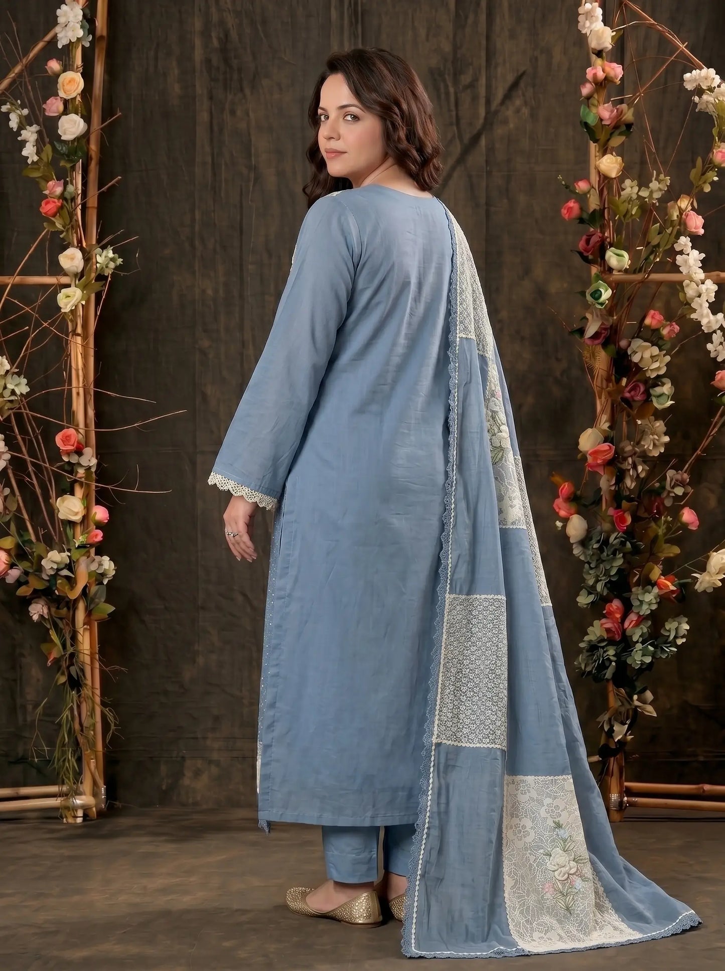 Premium Designer Blue Pakistani Mull Cotton Suit with Floral Embroidery & Lace Work