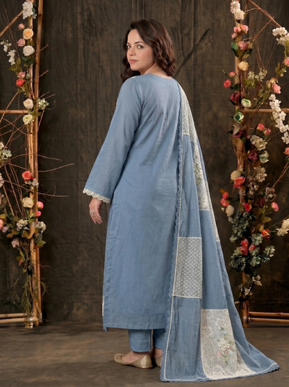 Premium Designer Blue Pakistani Mull Cotton Suit with Floral Embroidery & Lace Work