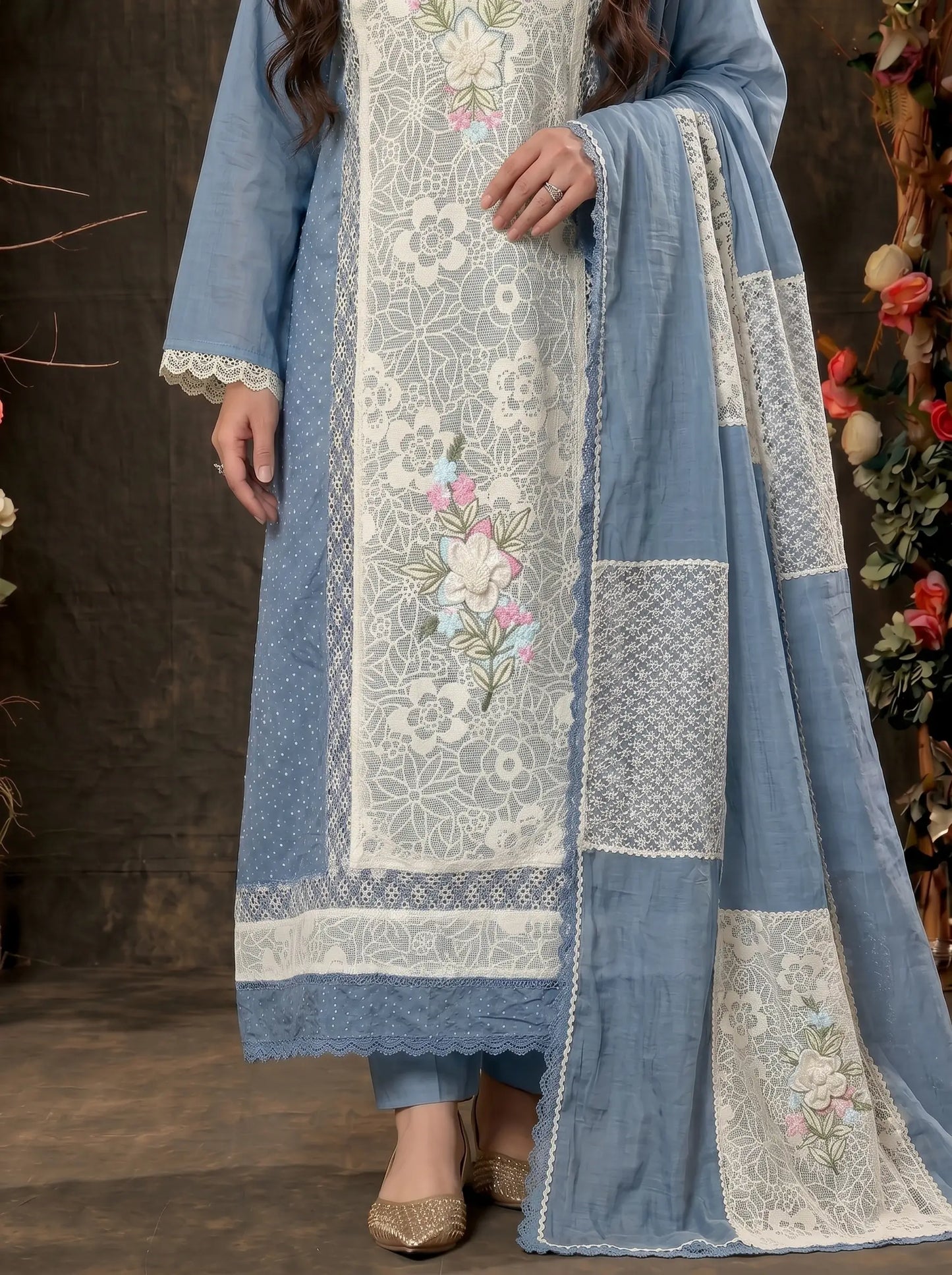 Premium Designer Blue Pakistani Mull Cotton Suit with Floral Embroidery & Lace Work