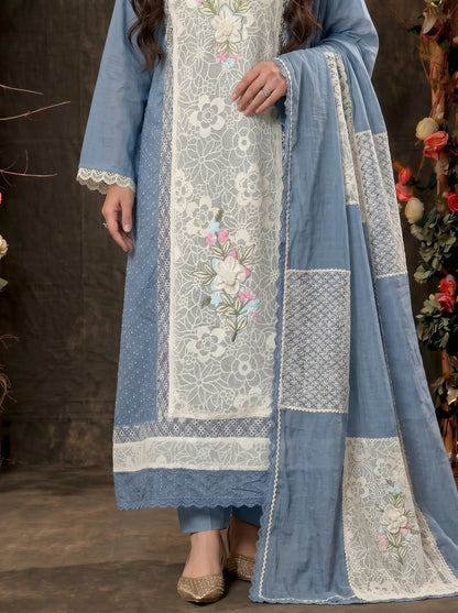 Premium Designer Blue Pakistani Mull Cotton Suit with Floral Embroidery & Lace Work