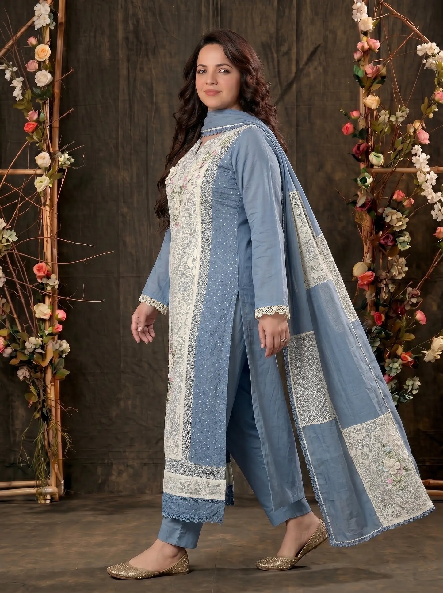Premium Designer Blue Pakistani Mull Cotton Suit with Floral Embroidery & Lace Work