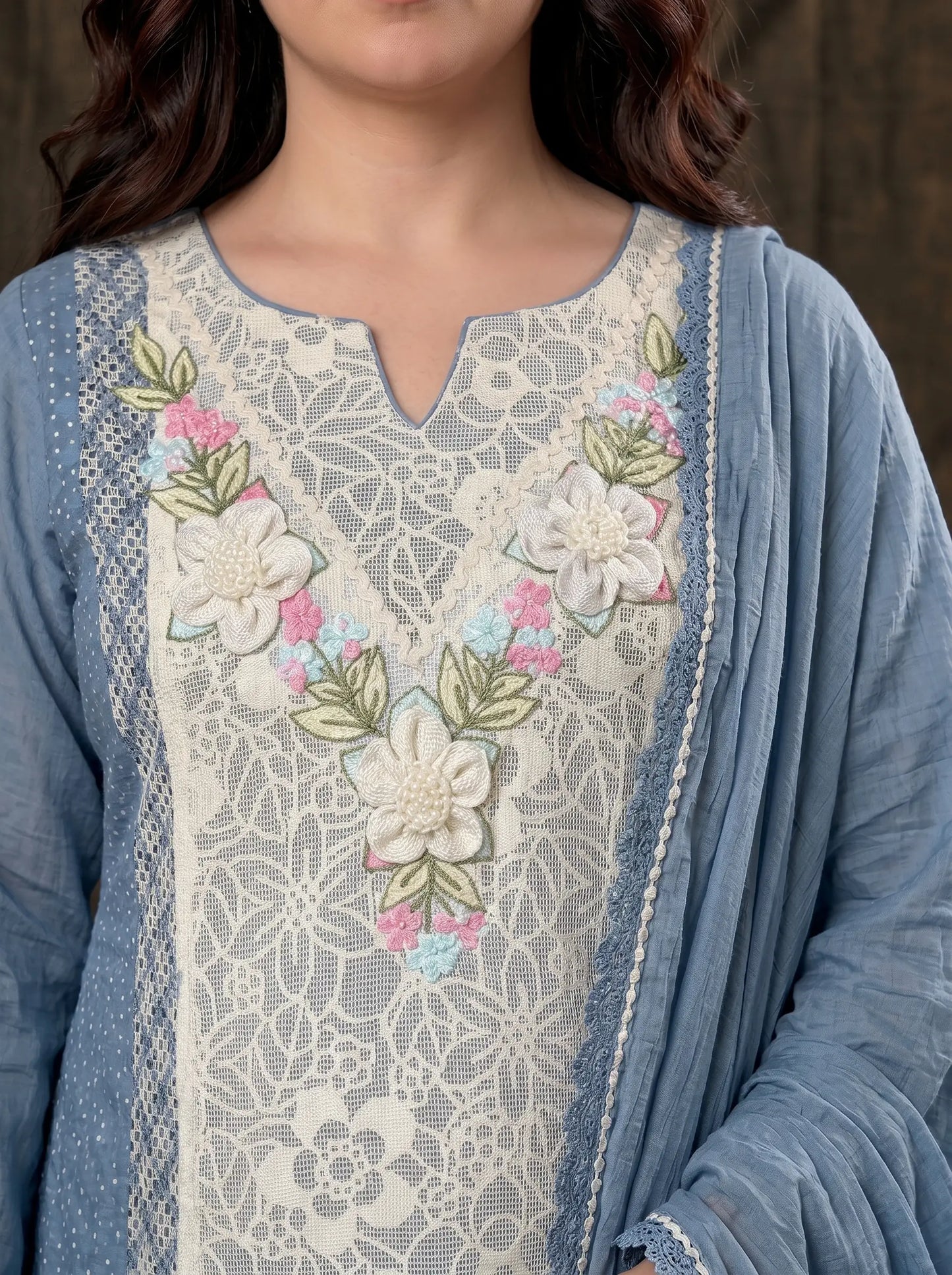 Premium Designer Blue Pakistani Mull Cotton Suit with Floral Embroidery & Lace Work