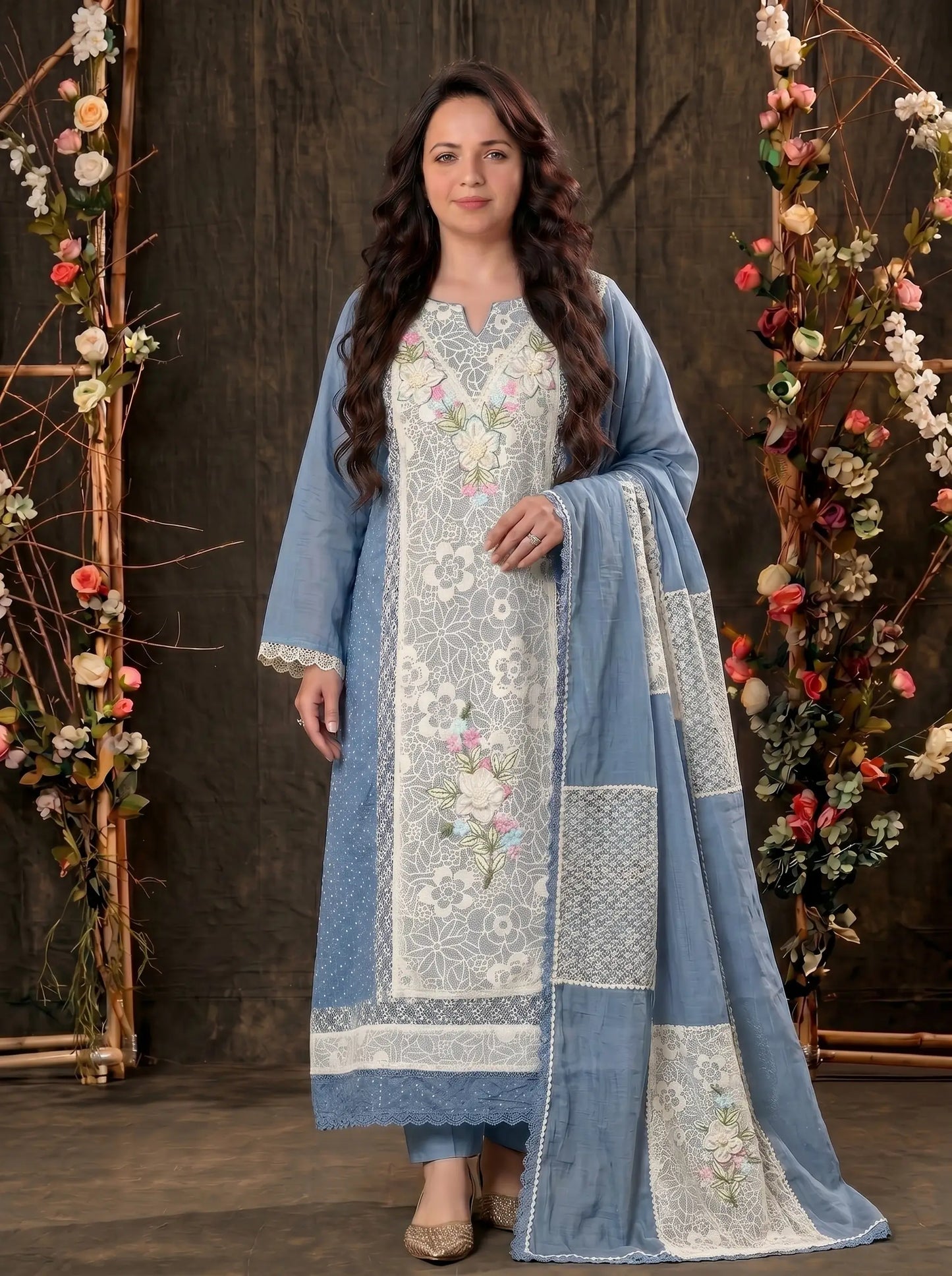 Premium Designer Blue Pakistani Mull Cotton Suit with Floral Embroidery & Lace Work
