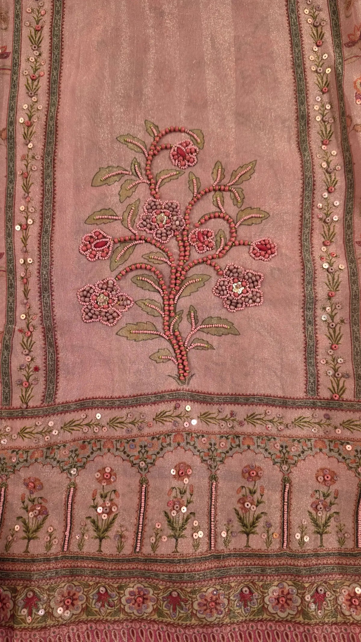 Pakistani Designer Pink Very Soft Tissue Suit with Pink Floral Pearl, Bead & Sequin Work