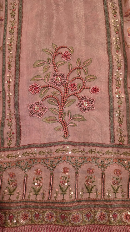 Pakistani Designer Pink Very Soft Tissue Suit with Pink Floral Pearl, Bead & Sequin Work