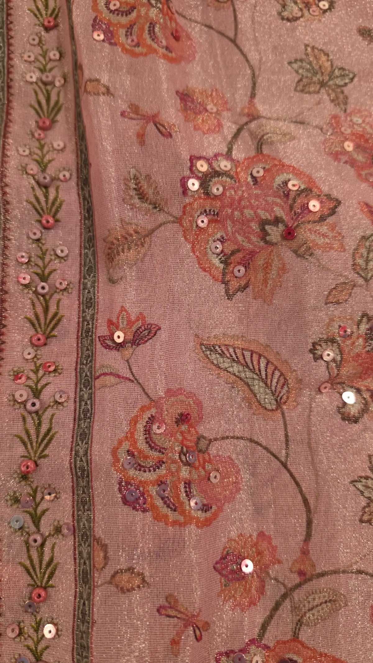 Pakistani Designer Pink Very Soft Tissue Suit with Pink Floral Pearl, Bead & Sequin Work