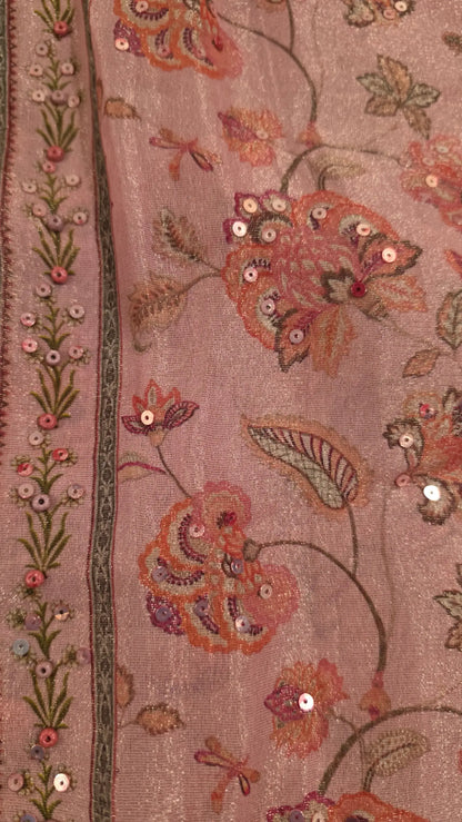 Pakistani Designer Pink Very Soft Tissue Suit with Pink Floral Pearl, Bead & Sequin Work