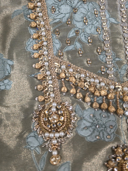 Premium Pastel Tissue Pakistani Designer Suit with Floral Embroidery, Pearl & Sequin Handwork
