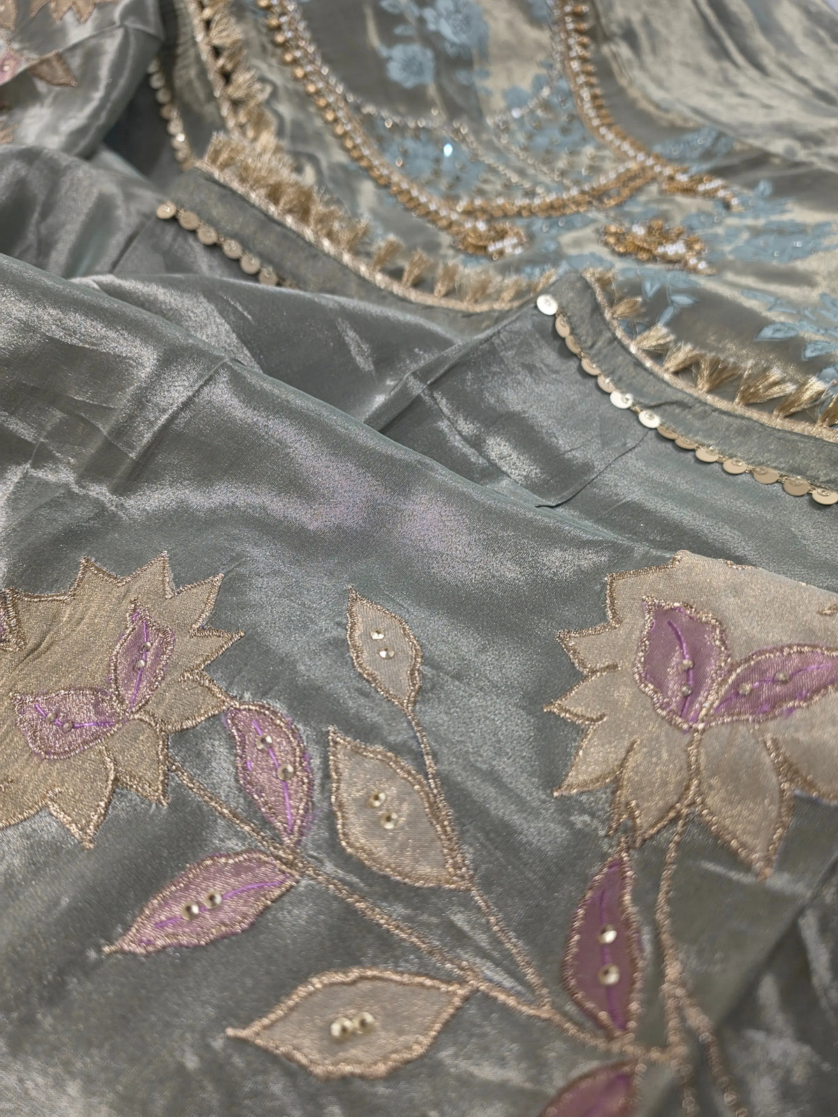 Premium Pastel Tissue Pakistani Designer Suit with Floral Embroidery, Pearl & Sequin Handwork